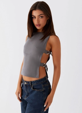Cherish You Buckle Top - Charcoal High Density Knit RibbedHemline