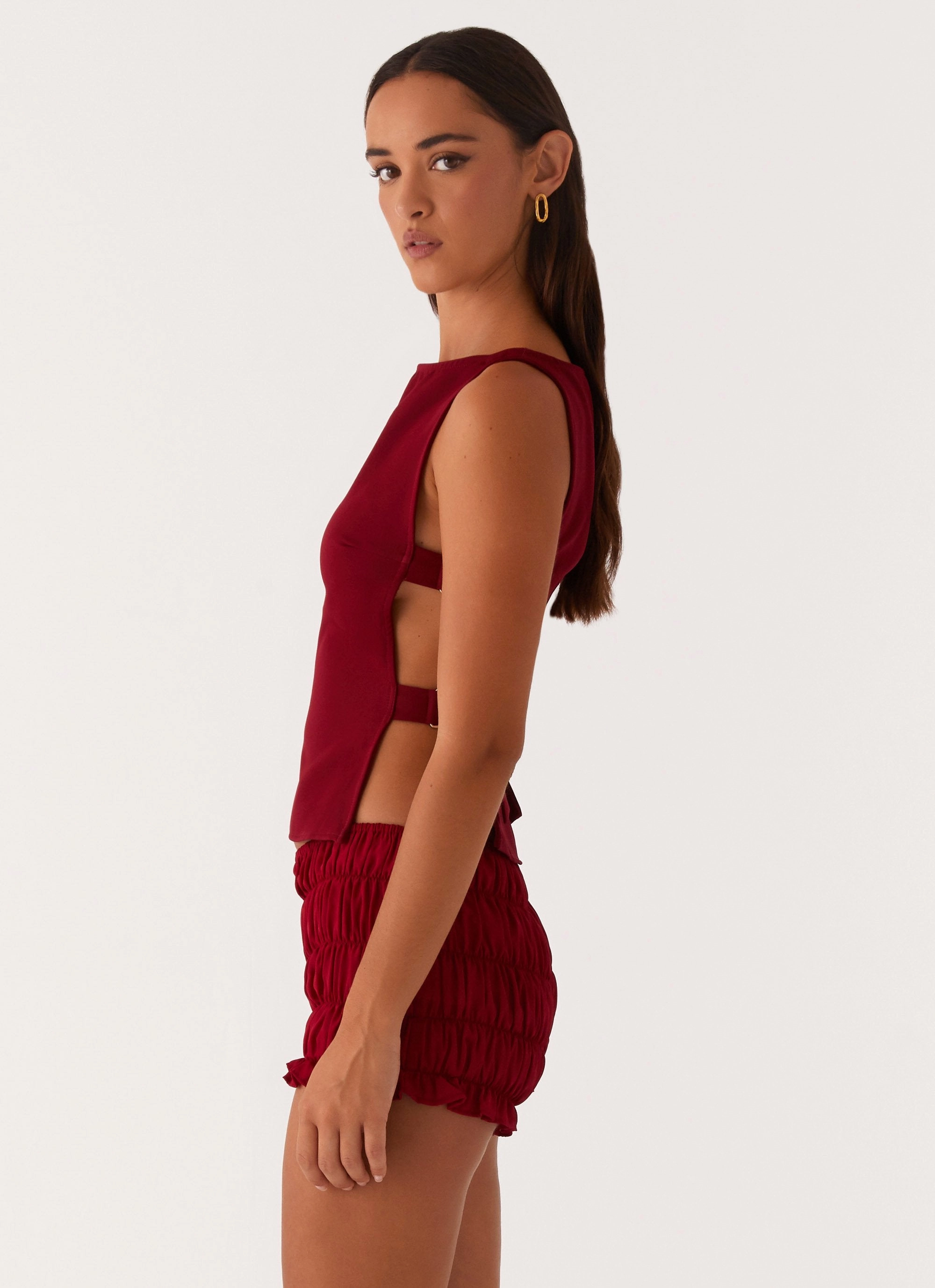 Cherish You Buckle Top - Maroon Grid Back Panel BuiltInLayer
