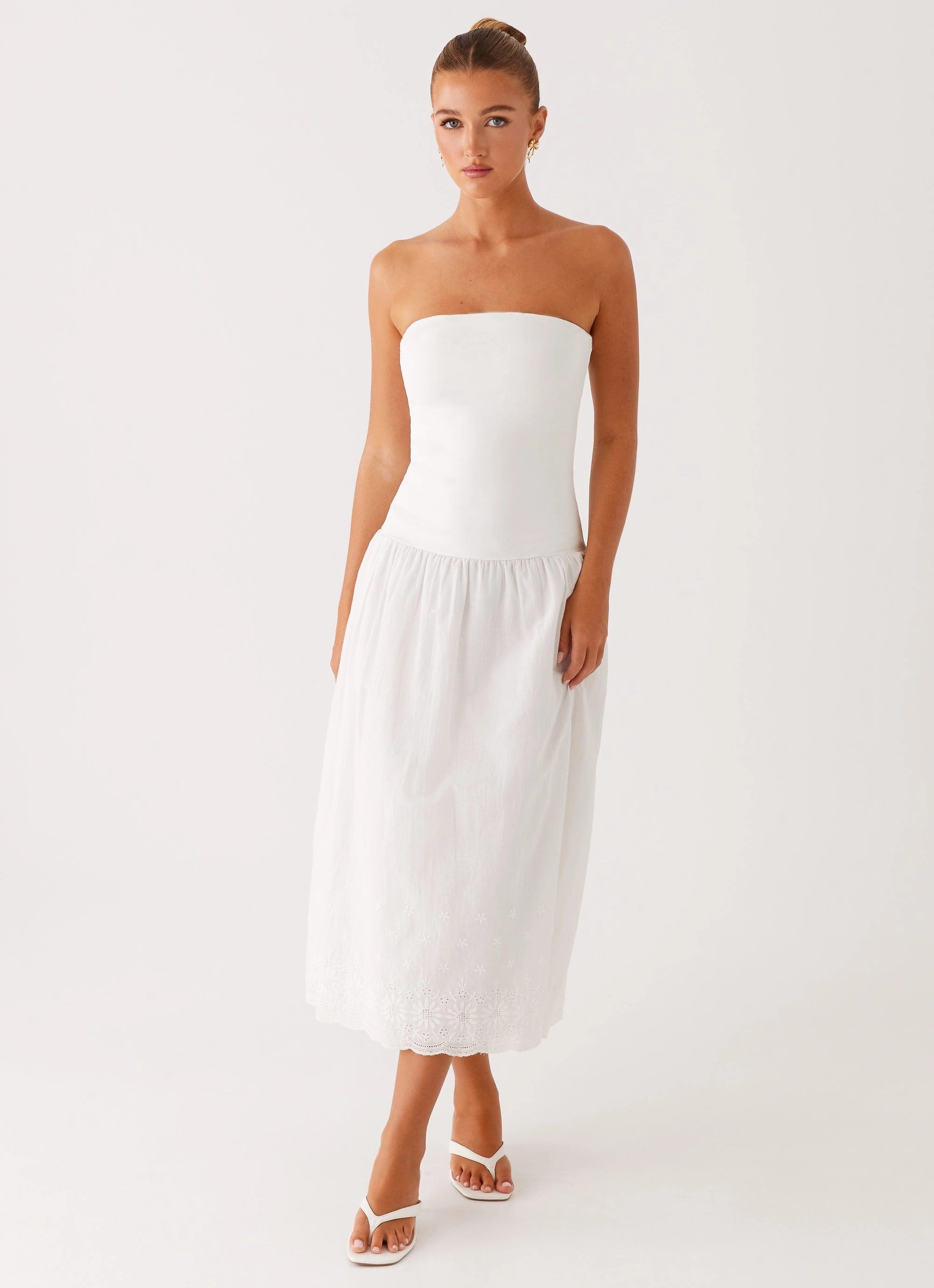 Elegant Comfort Cherry Skies Midi Dress - White
