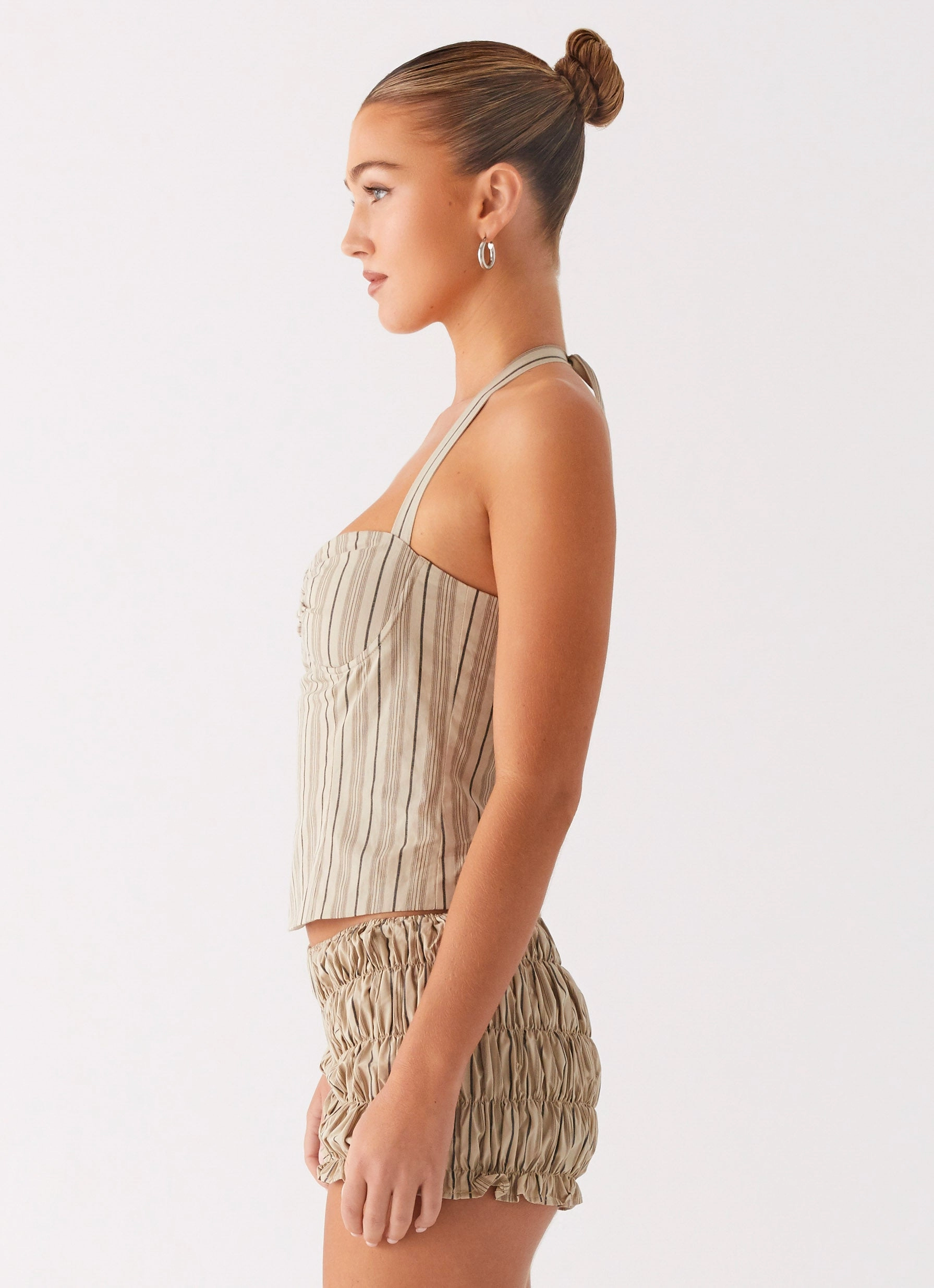 Sleeveless Top Comfortable Cut Cheryl Bustier Halter Top - Oatmeal Stripe