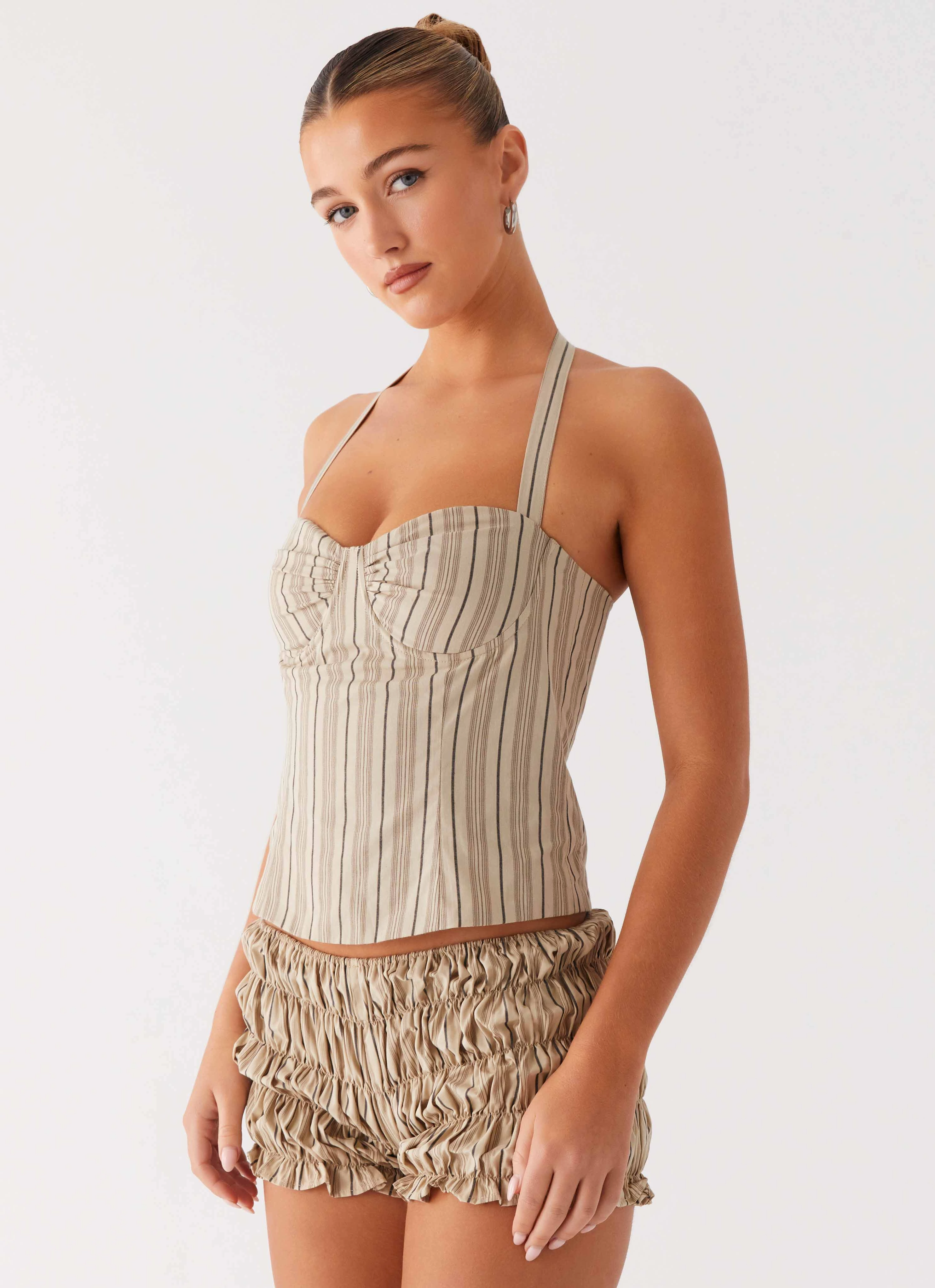 Water Repellent Finish Cheryl Bustier Halter Top - Oatmeal Stripe