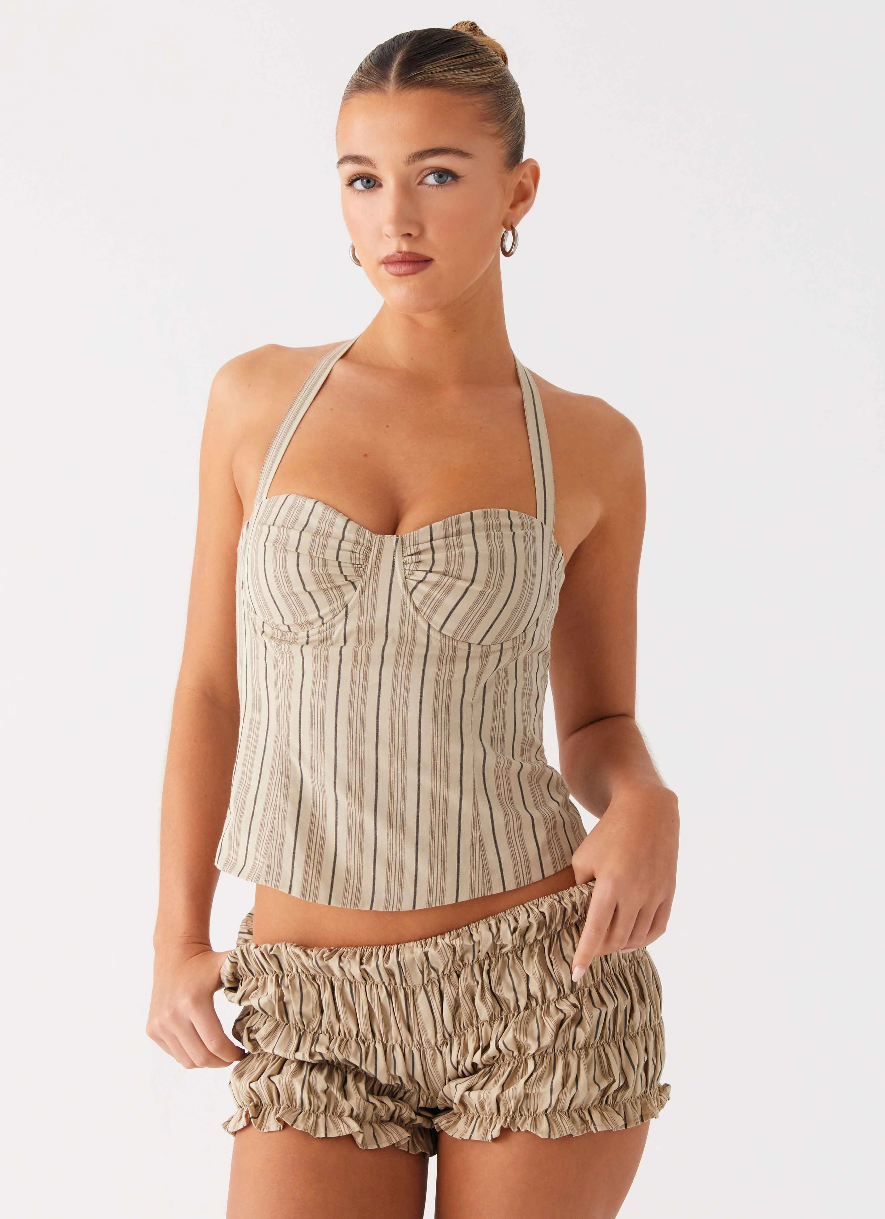 OversizedSilhouette Cheryl Bustier Halter Top - Oatmeal Stripe