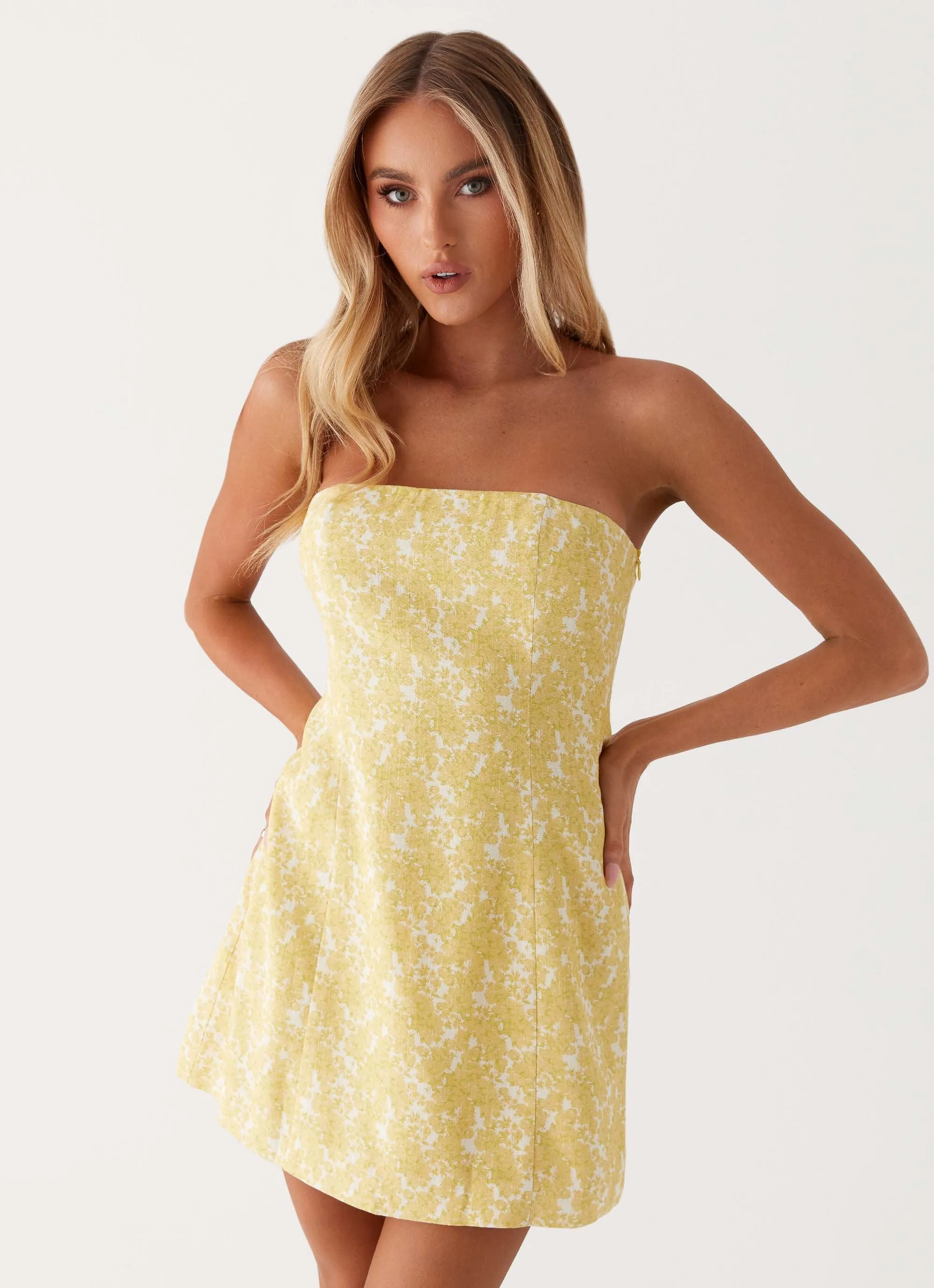 Livvy Strapless Mini Dress - Yellow Floral Easy Drape
