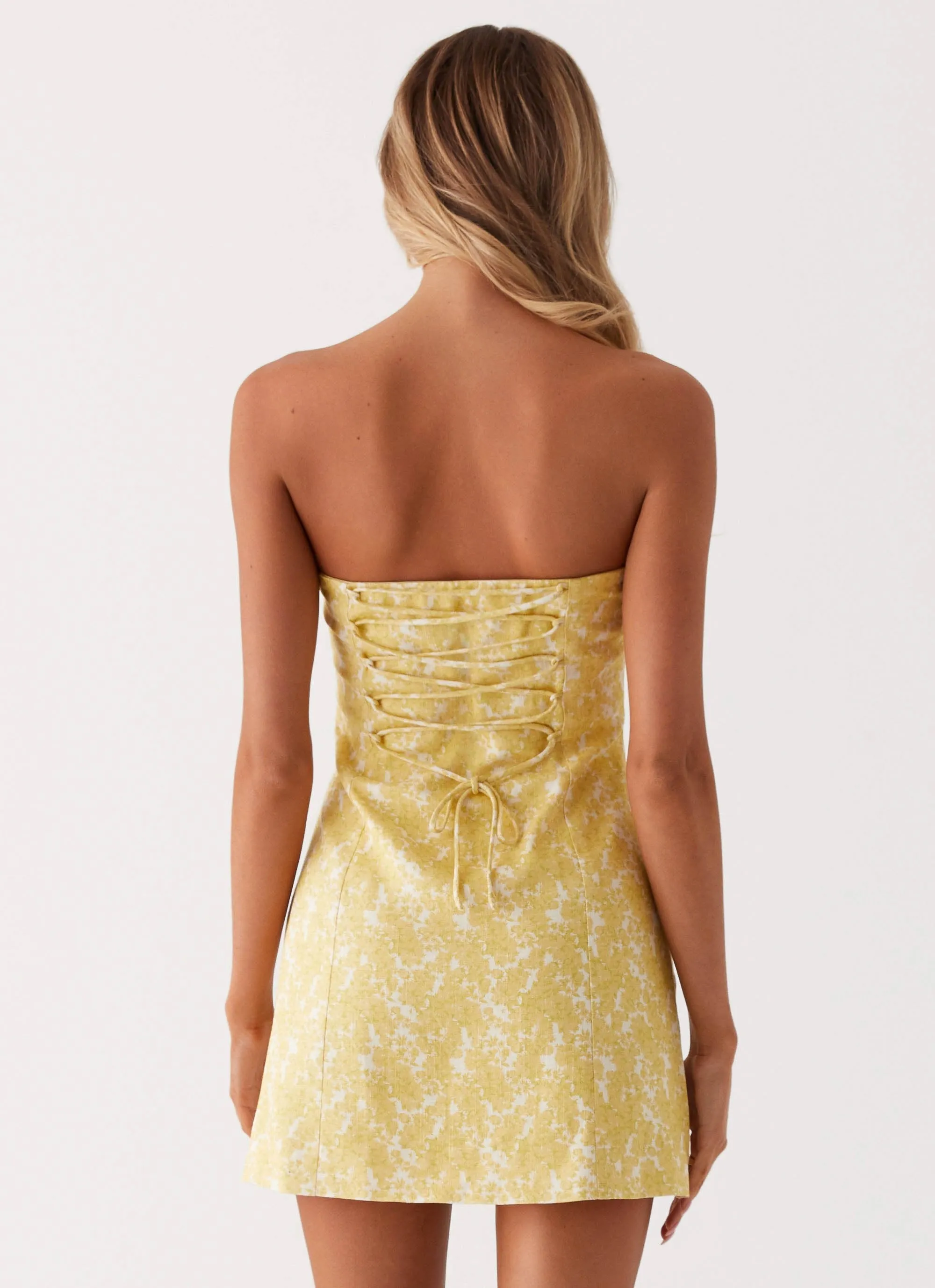 Livvy Strapless Mini Dress - Yellow Floral Lounge Comfort Cozy Drape