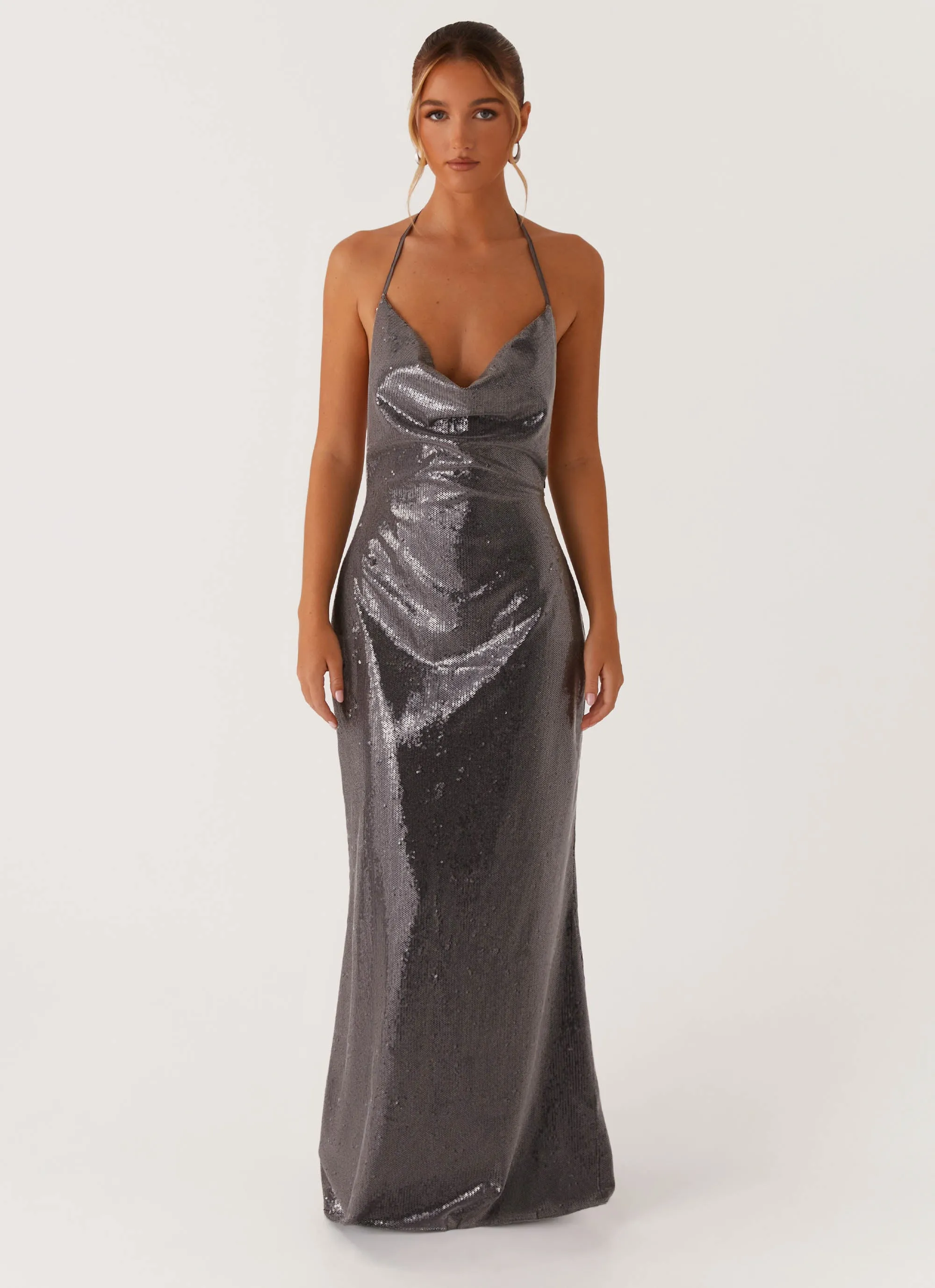 Romantic Soft Elegant Outline Sleek Love Sequin Maxi Dress - Silver Sequin