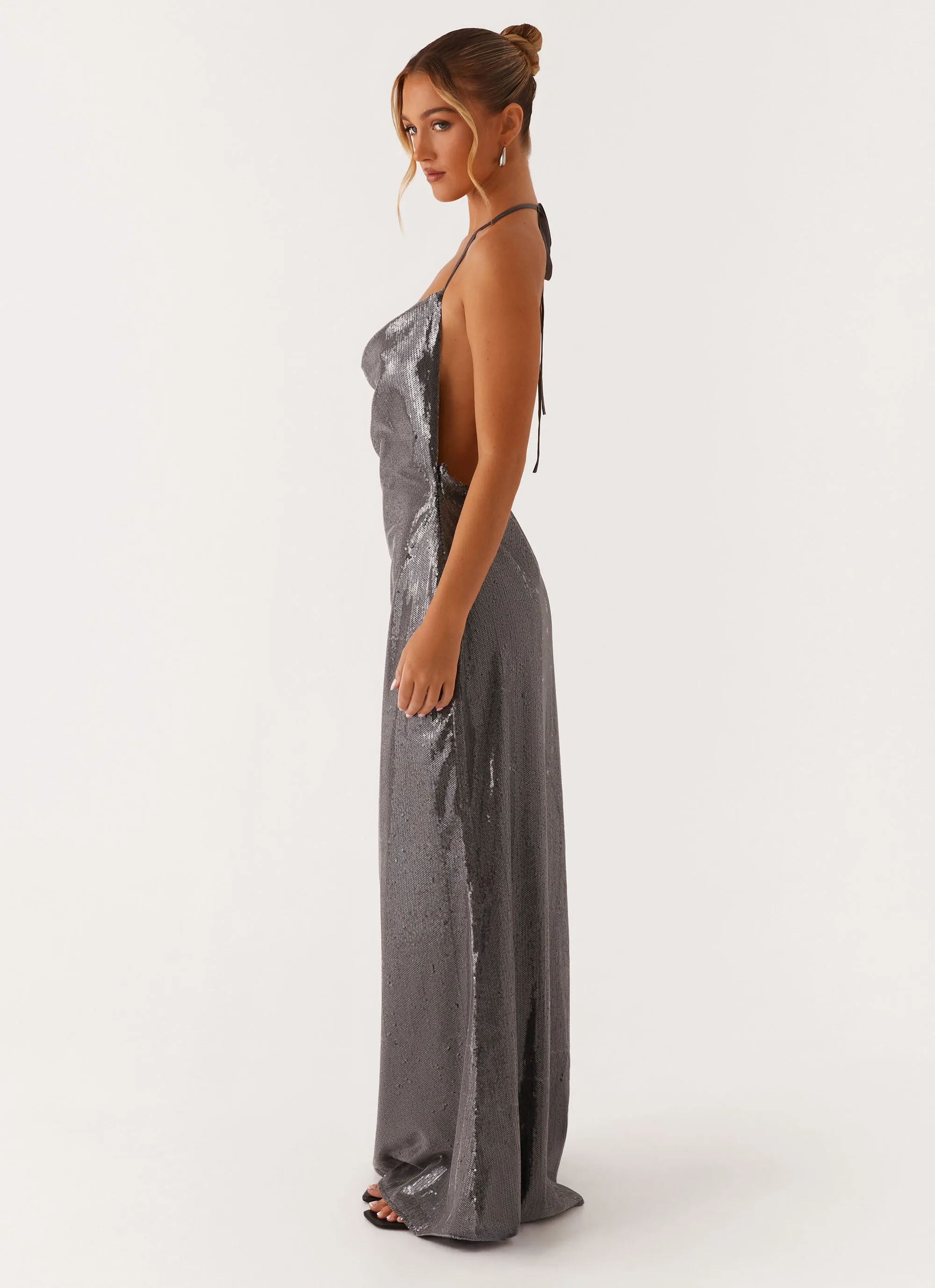 Floor-Length All-Season Comfort Sleek Love Sequin Maxi Dress - Silver Sequin