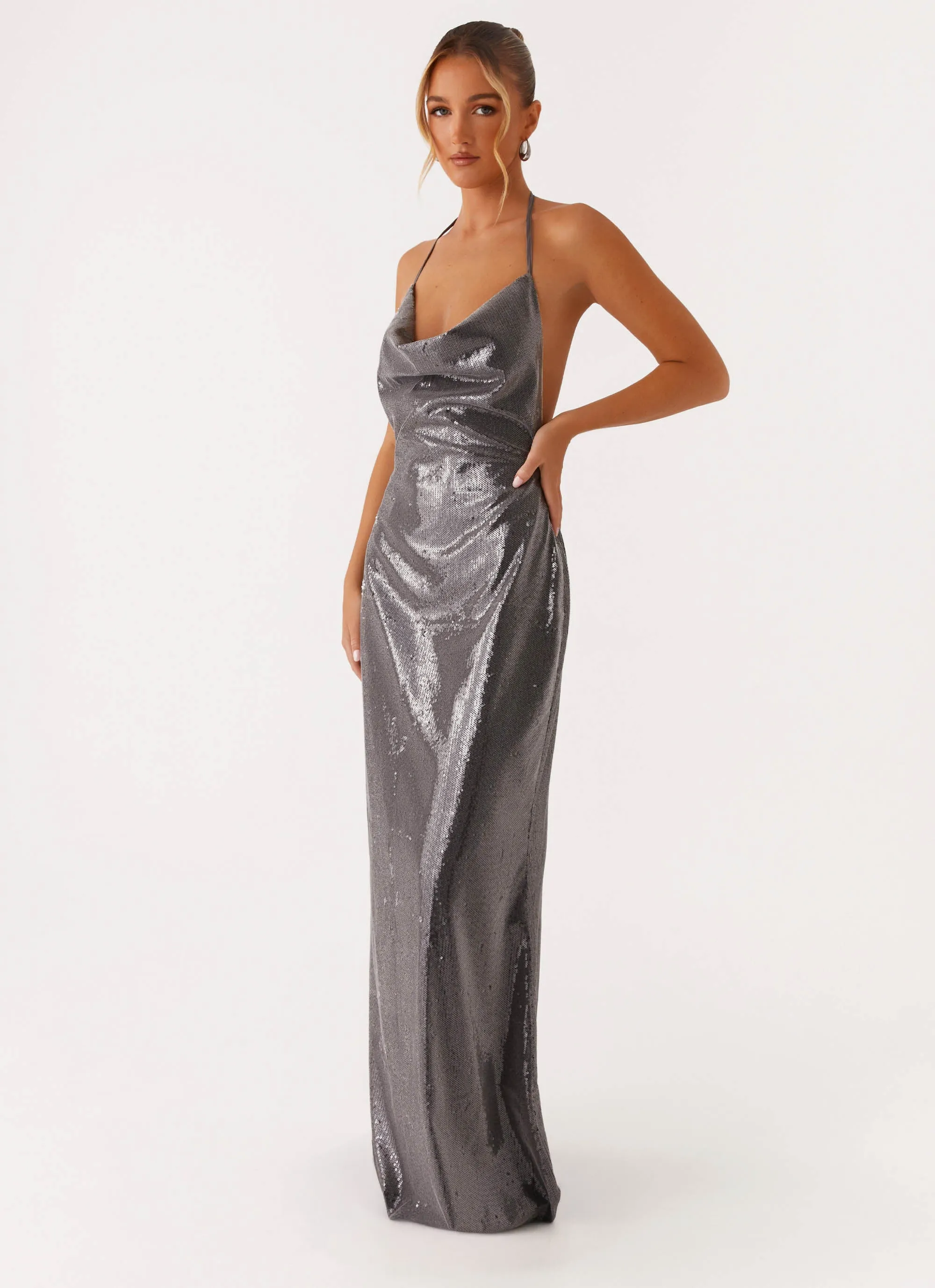 Casual-Look Sleek Love Sequin Maxi Dress - Silver Sequin