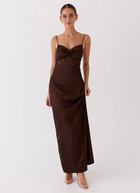 Flattering Design Chic and Stylish Dream Sight Lace Satin Maxi Dress - Chocolate