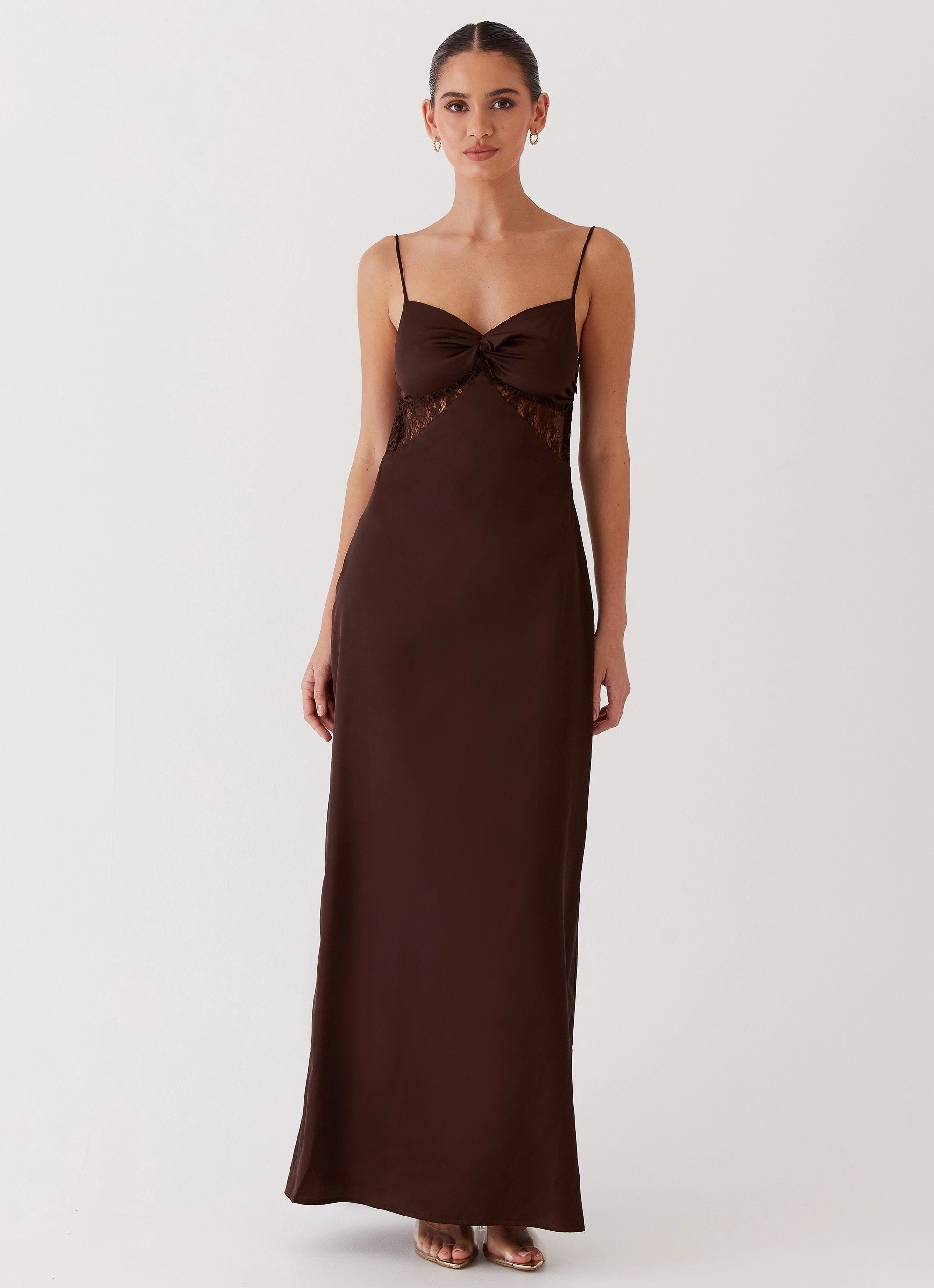 Dream Sight Lace Satin Maxi Dress - Chocolate Formed Look WideCollarDesign