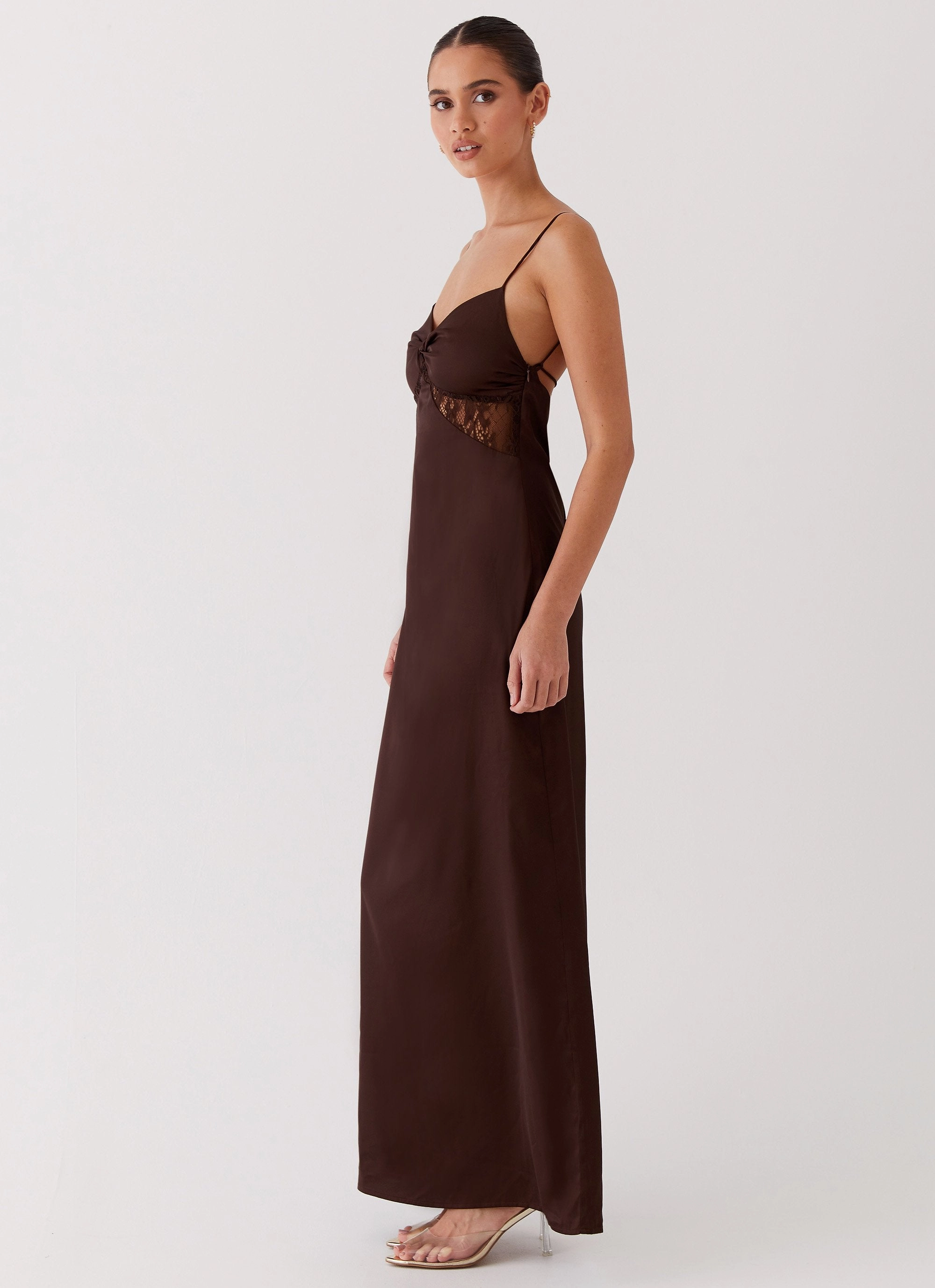 Timeless Cut Dream Sight Lace Satin Maxi Dress - Chocolate