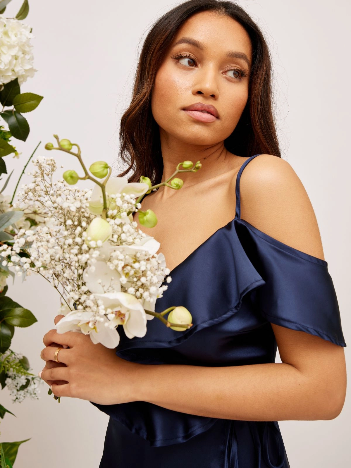 Cold Shoulder Midi Wrap Satin Dress / Navy Versatile Cut Wrinkle-Resistant