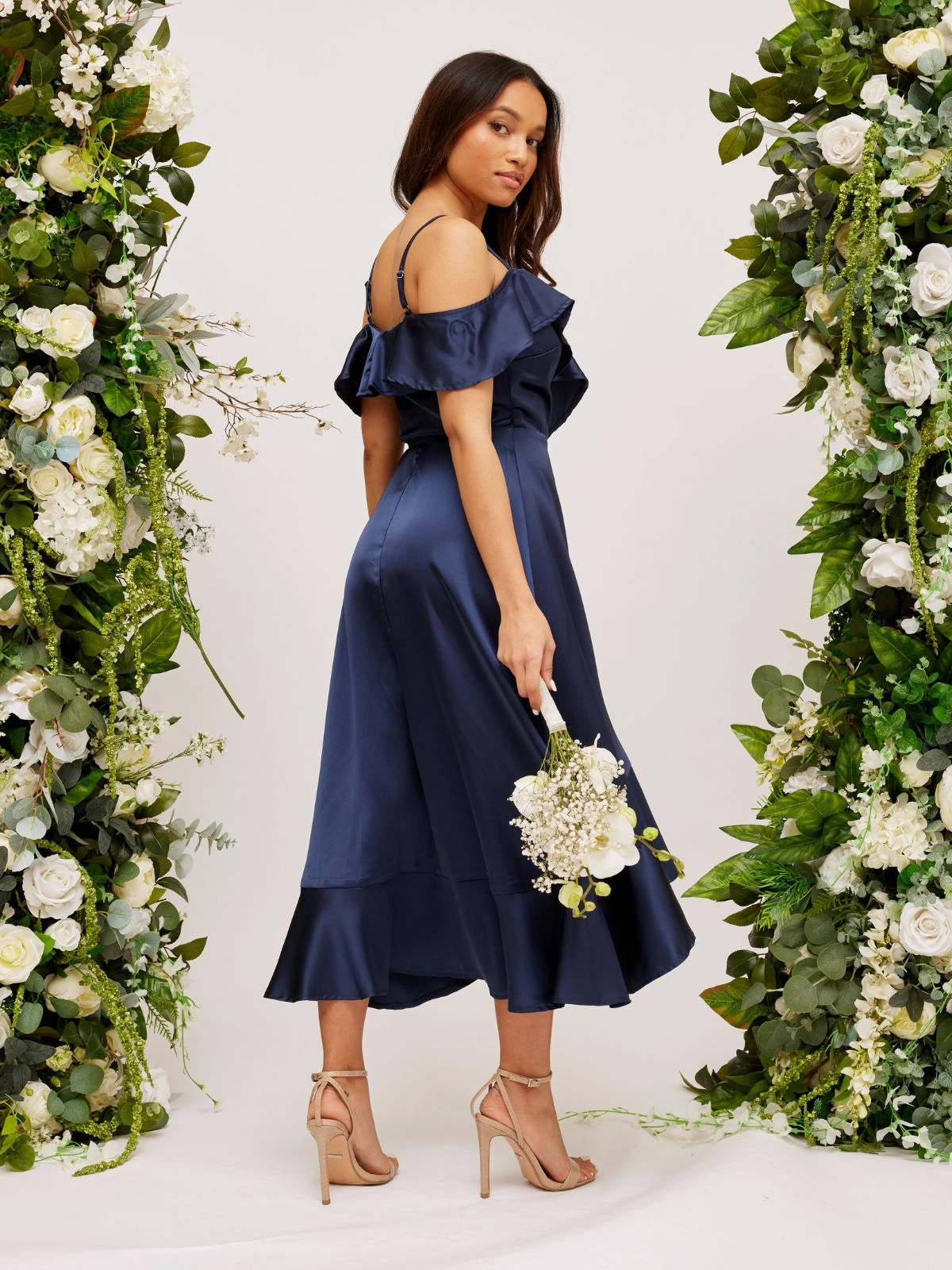 Urban Spirit Cold Shoulder Midi Wrap Satin Dress / Navy