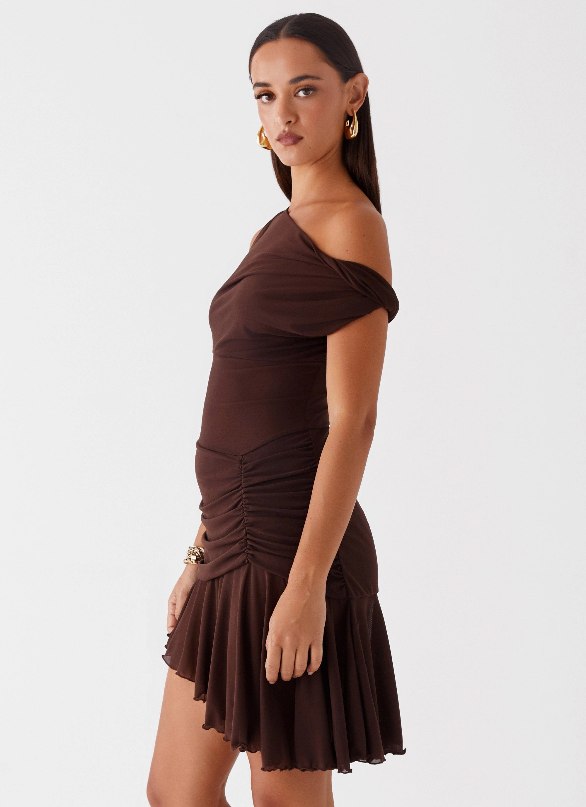 Fernleigh One Shoulder Mini Dress - Chocolate Lightweight Layer