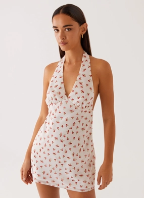 Highlands Halterneck Mini Dress - Red Ditsy Floral Refined Mood Form Fitting