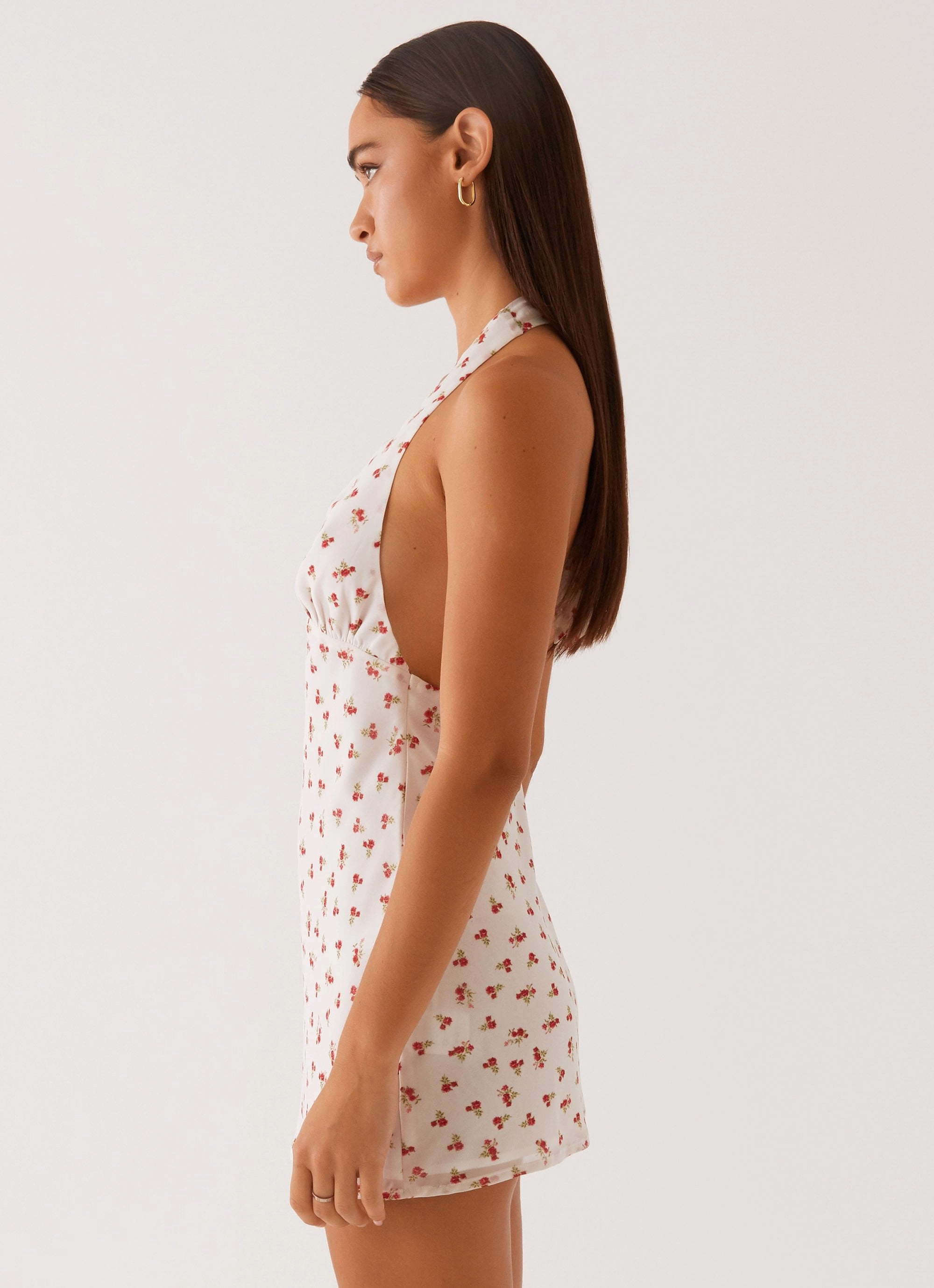 Gemstone-Detail Highlands Halterneck Mini Dress - Red Ditsy Floral