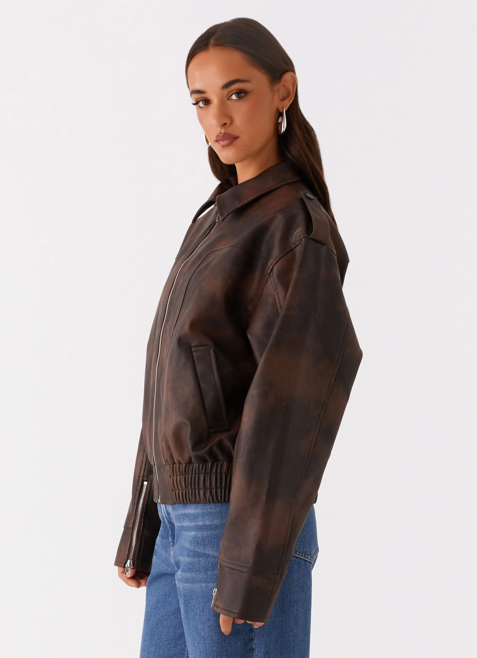 Convertible styles Snag Free Fabric Chicago Bomber Jacket - Chocolate
