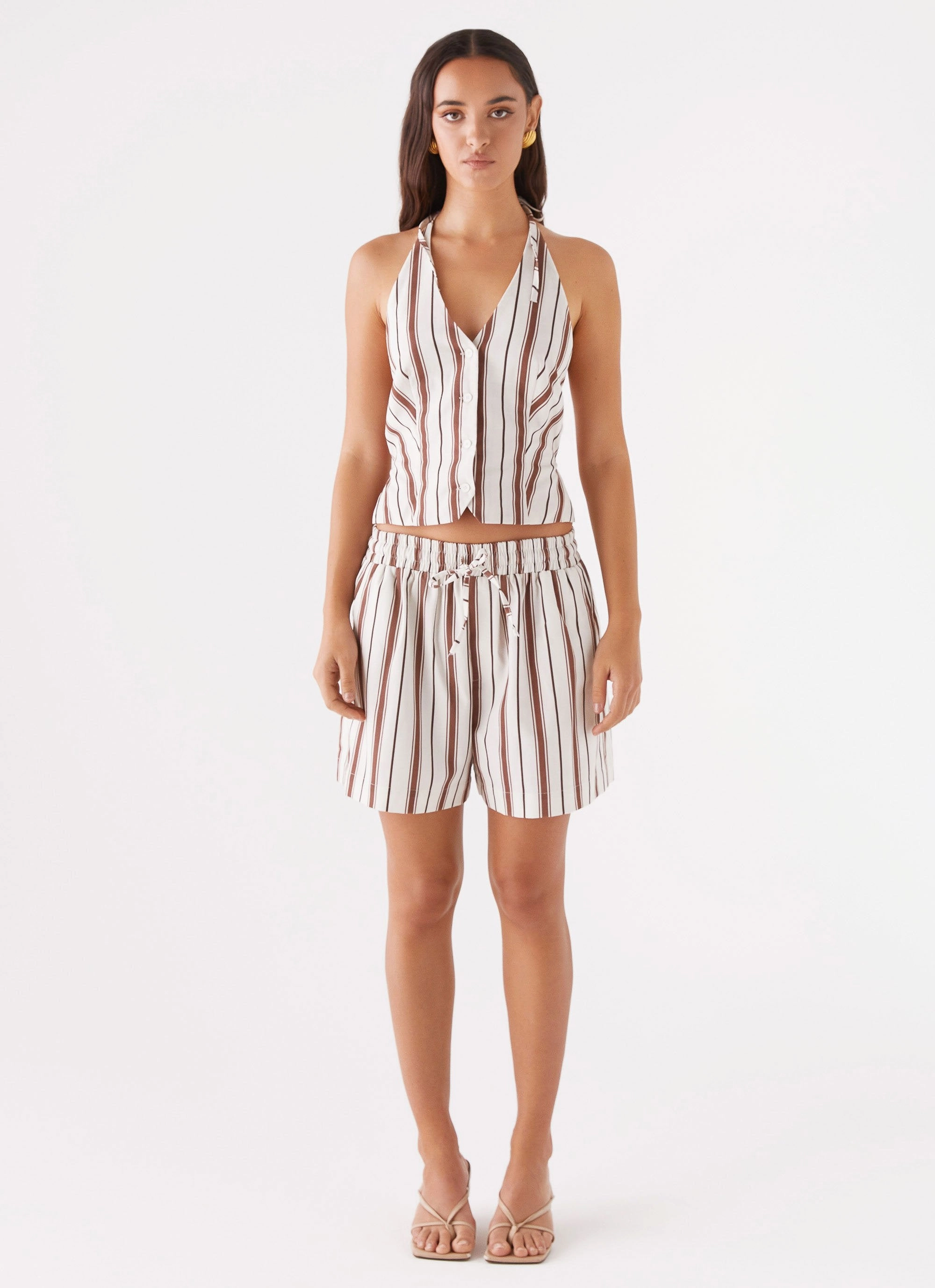 No Sagging Kristen Linen Drawstring Shorts - Brown Stripe