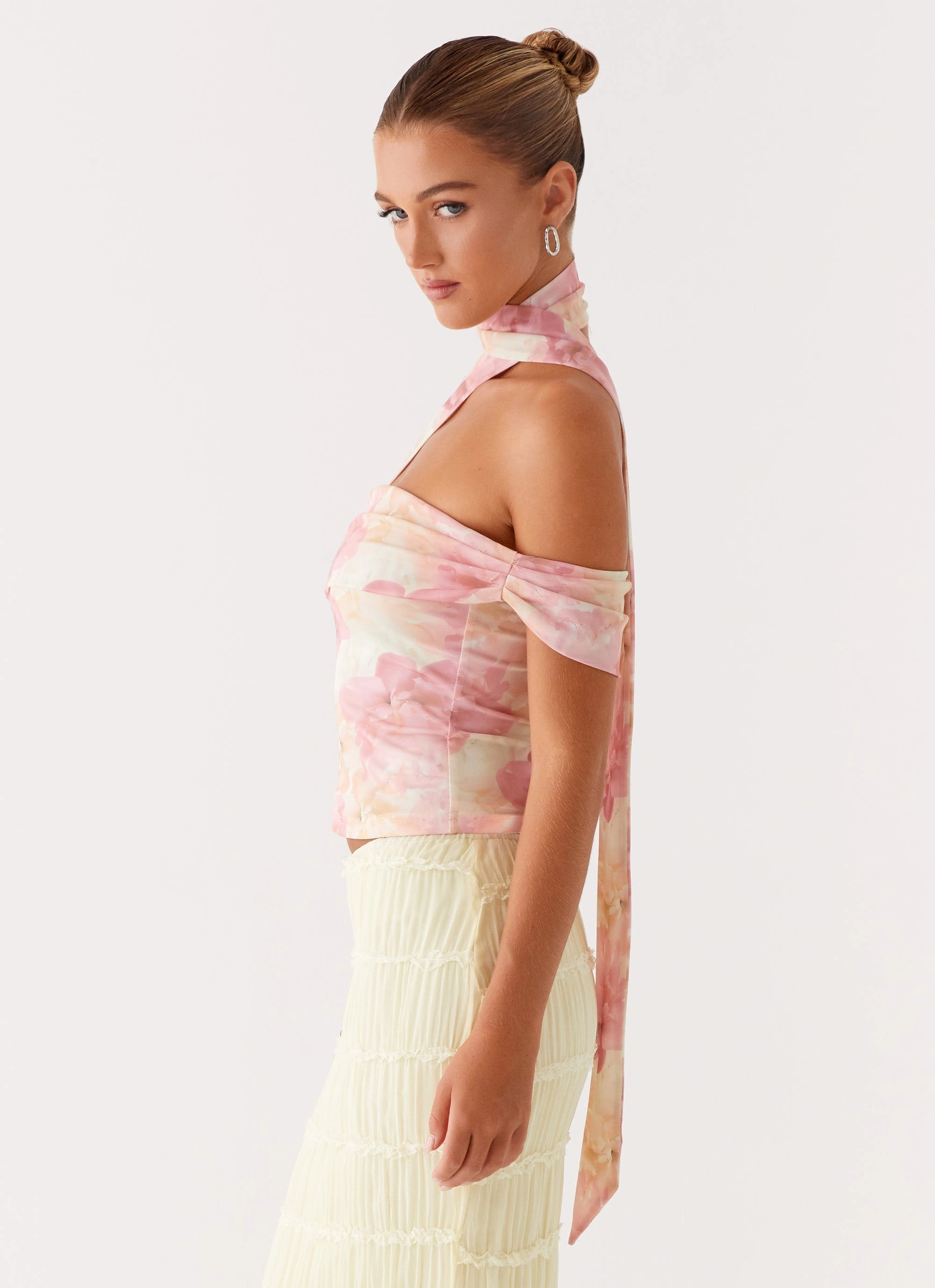 Christal Scarf Top - Floral Print Compact Thermal Insulation Ribbed Trims