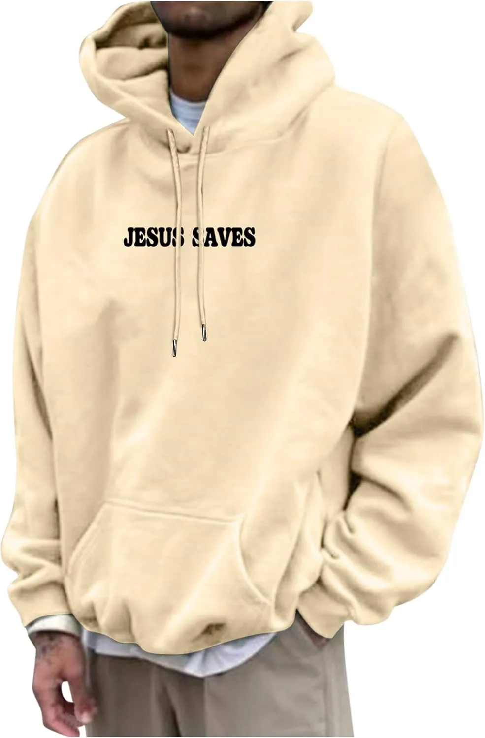 Christian Hoodie for Men Jesus Saves Letter Print Pullover Tops with Pocket Inspirational Long Sleeve Fall Hooded Sweatshirt