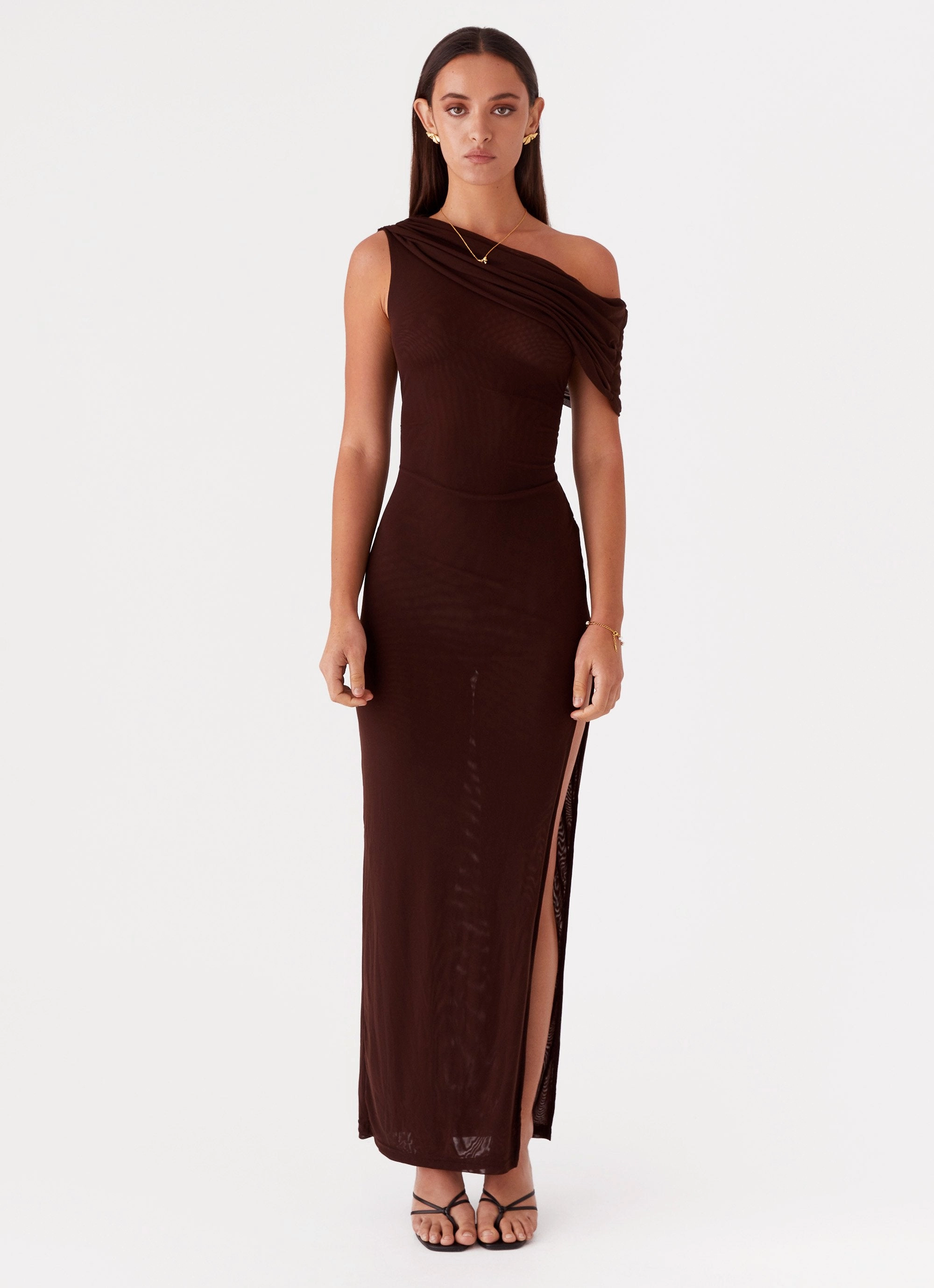 Ciara One Shoulder Draped Maxi Dress - Chocolate Fine Details Smart Fabric