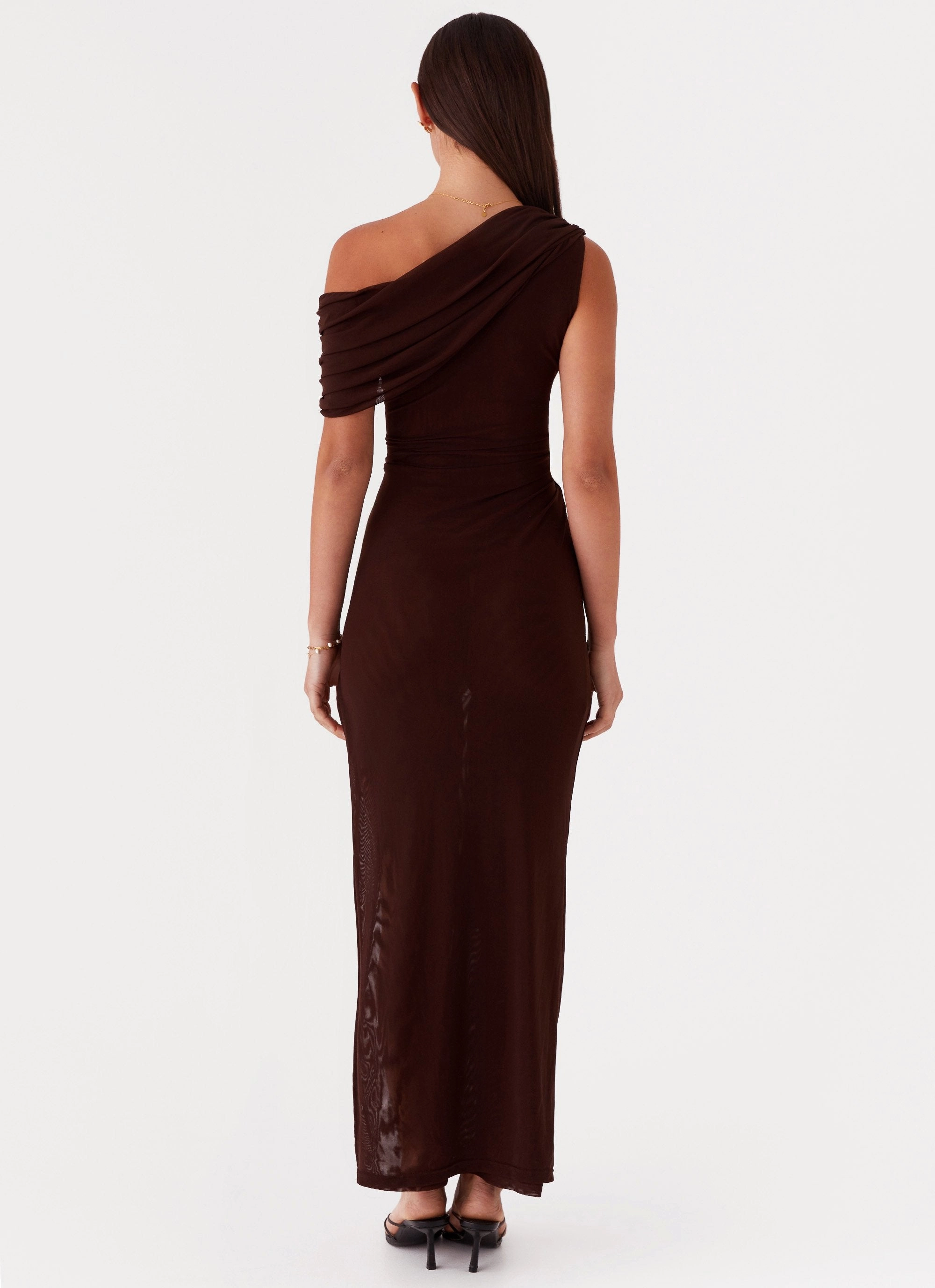 Ciara One Shoulder Draped Maxi Dress - Chocolate Light Coral Nordic Calm