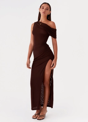 Ciara One Shoulder Draped Maxi Dress - Chocolate All-Day Wear Trendy summer outfit