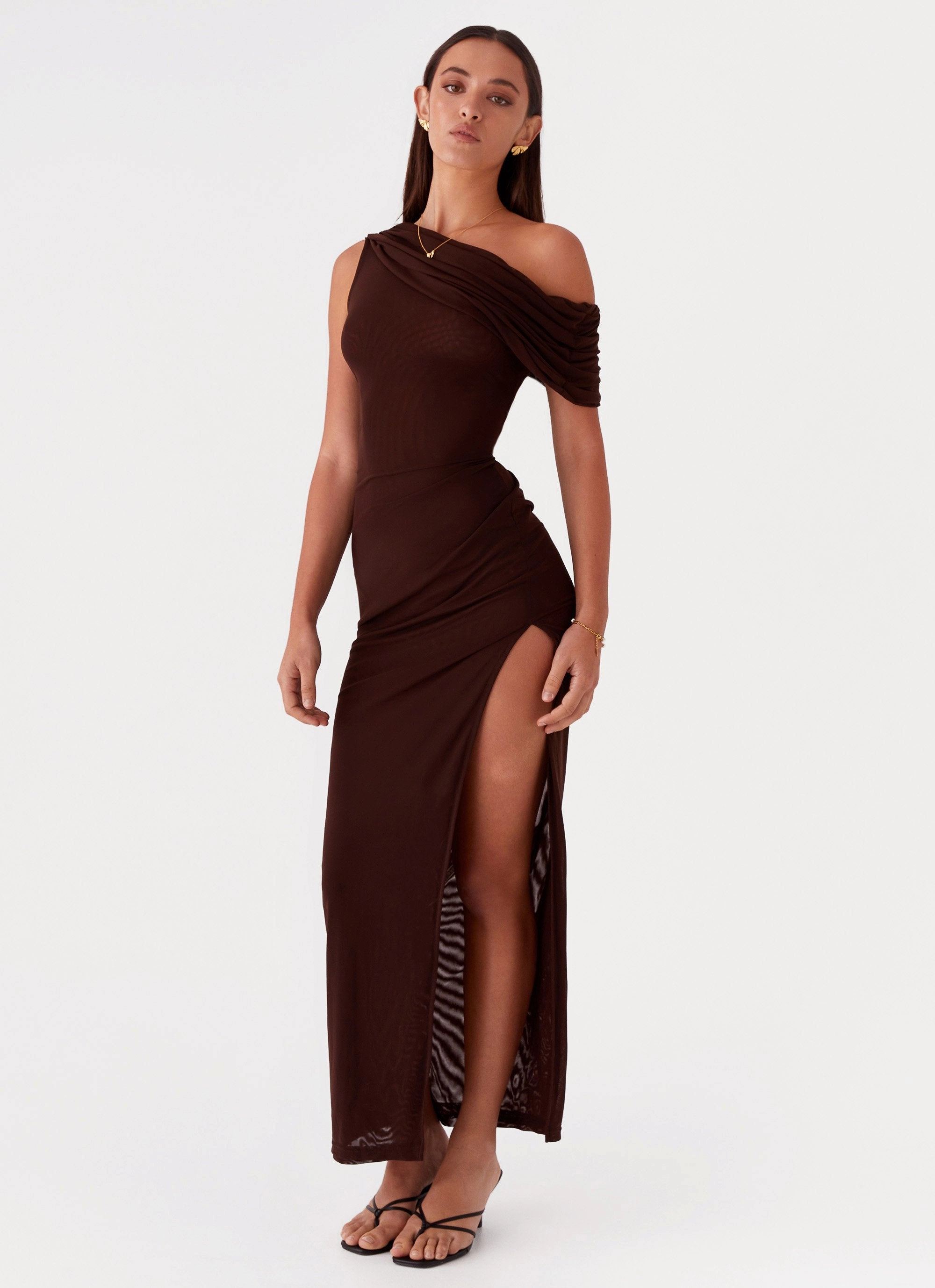 Ciara One Shoulder Draped Maxi Dress - Chocolate All-Day Wear Trendy summer outfit
