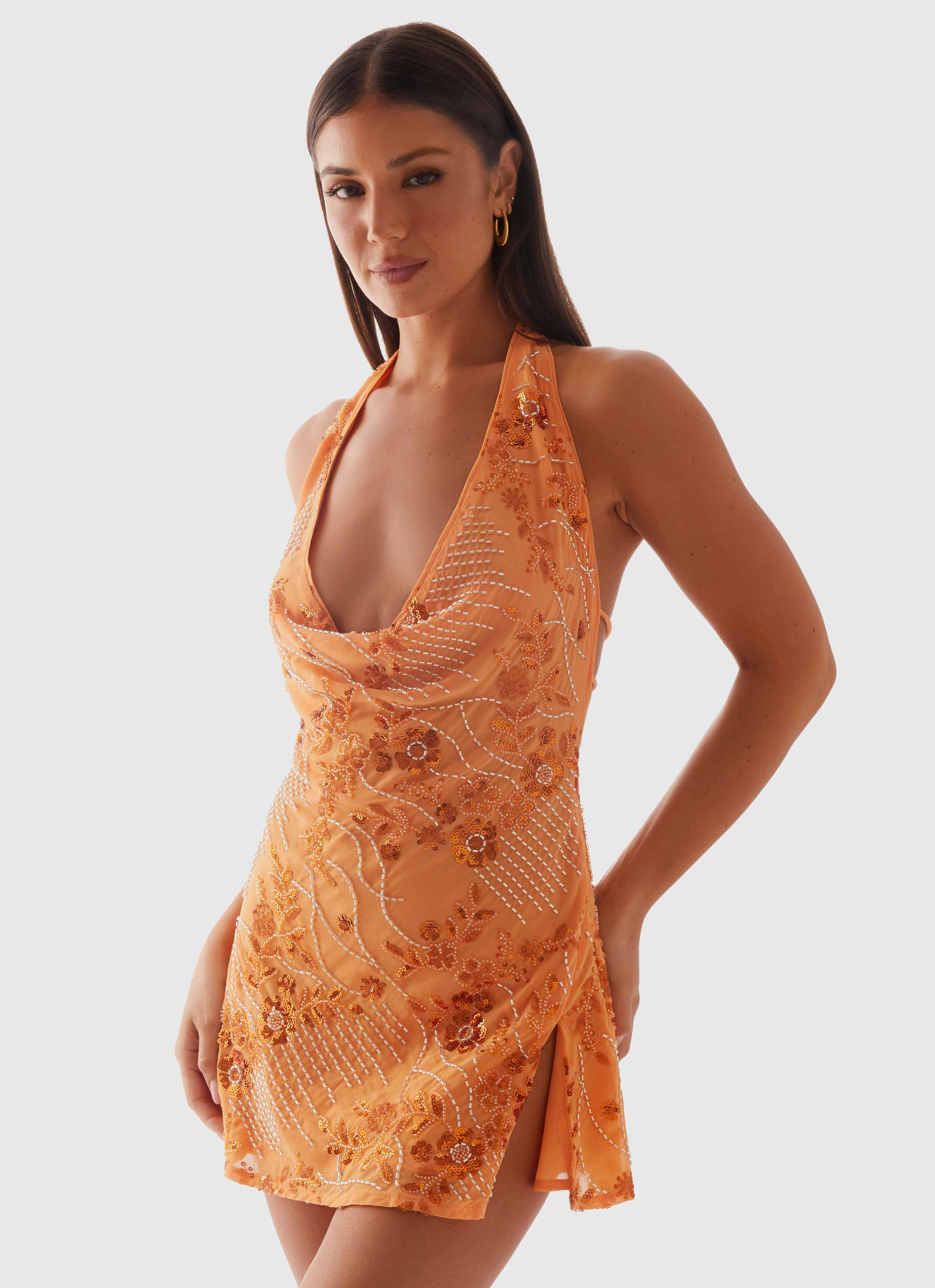 Cinzia Beaded Mini Dress - Orange Glossy Fabric Flattering bodycon dress