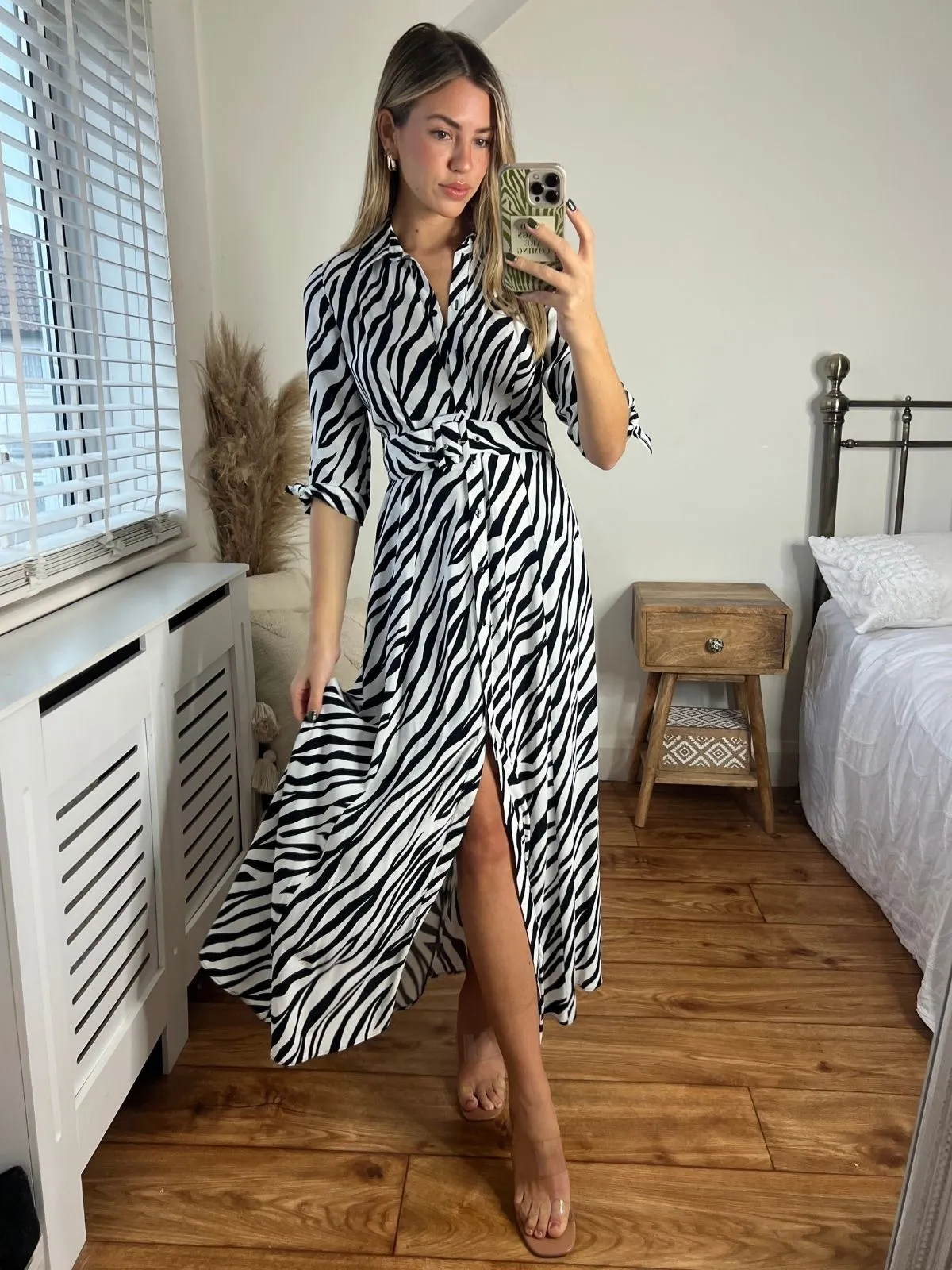 Rose Soft Daphne Belted Shirt Dress / Zebra Print