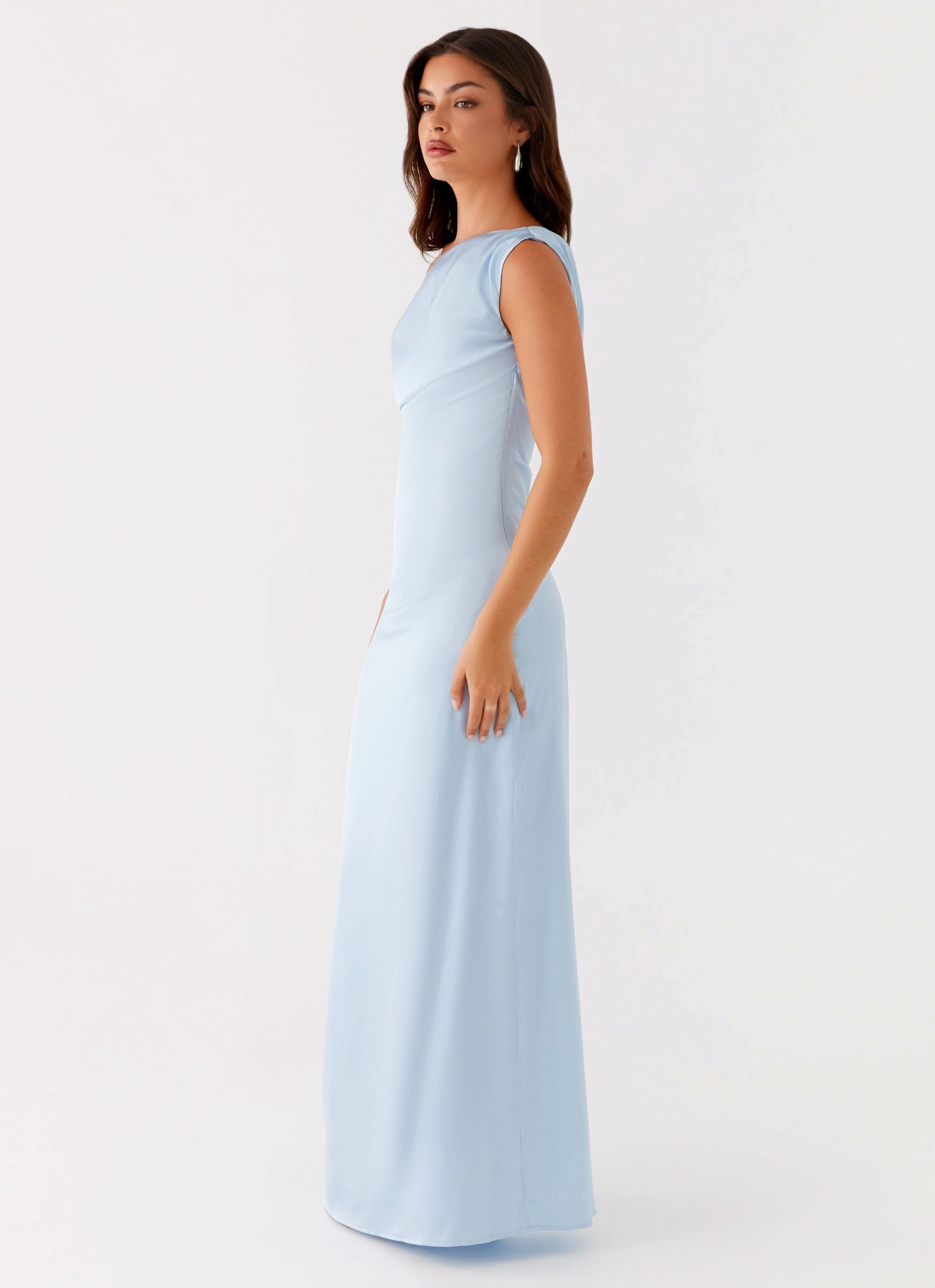 Premium Look Stylish Waistband Fit Heart Of Glass Satin Maxi Dress - Blue