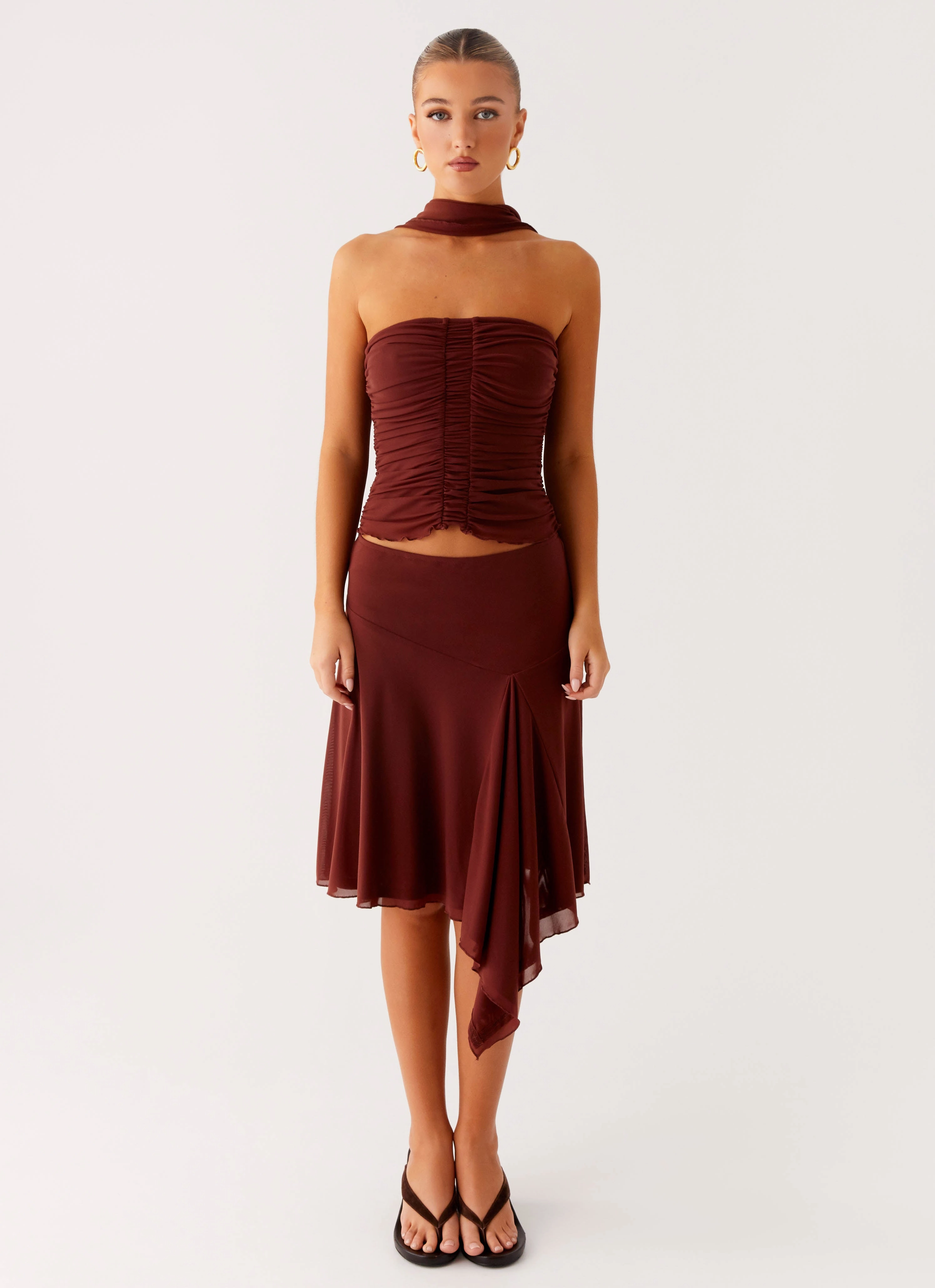 Embroidered Detail Mirage Midi Skirt - Chocolate