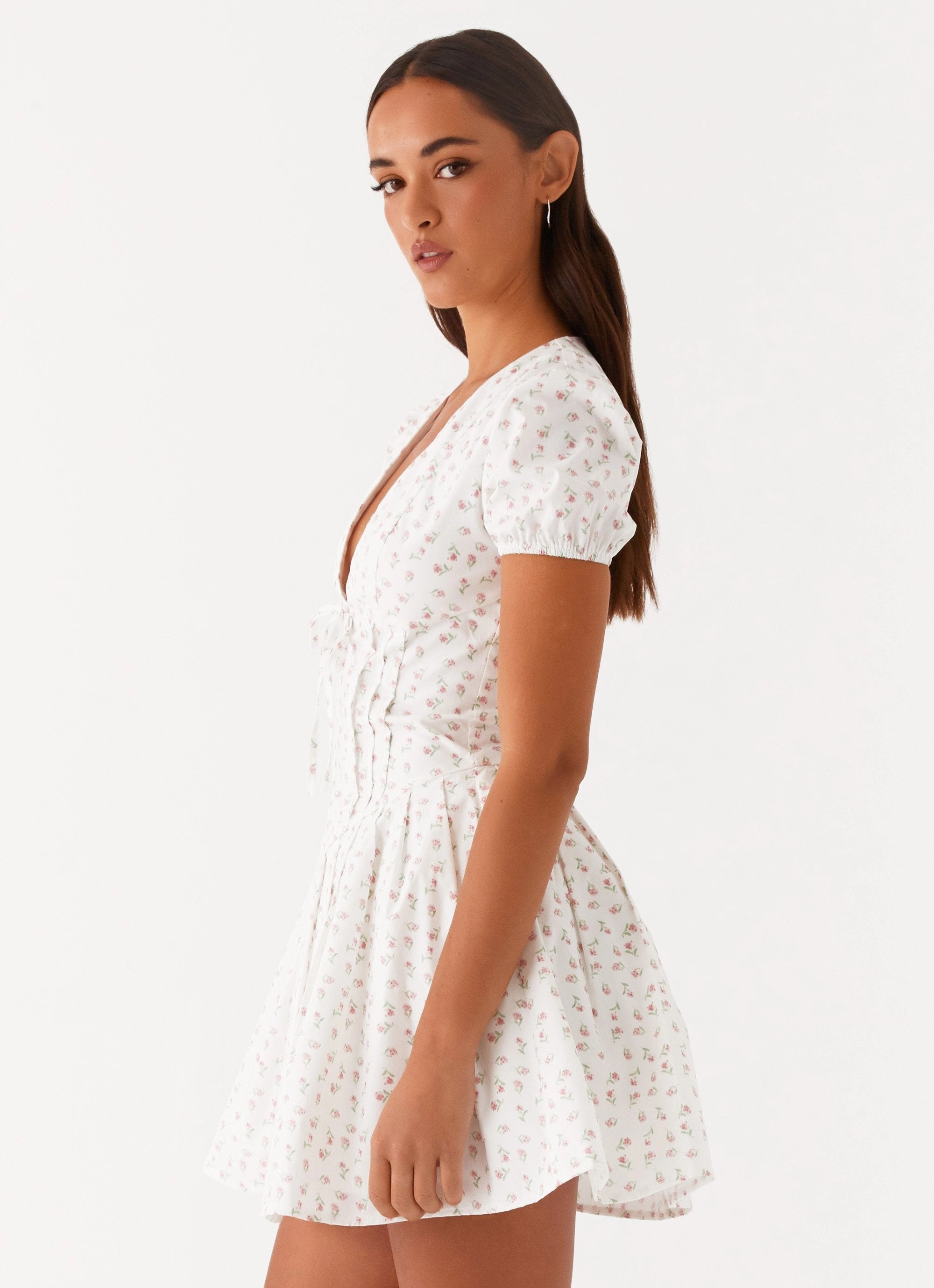Falling Water Mini Dress - White Floral Simple Touch Date Vibe