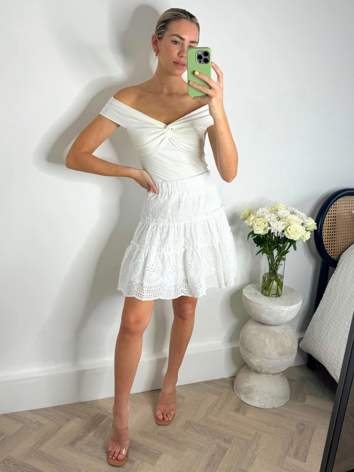 Cindy Broderie Mini Skirt in White Lined interior