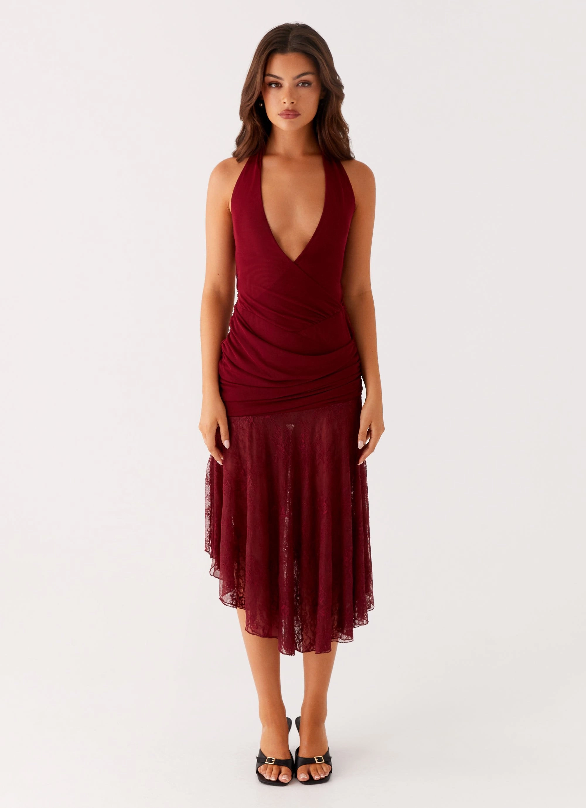 Burnout Midi Dress - Maroon Soft Texture Natural Form