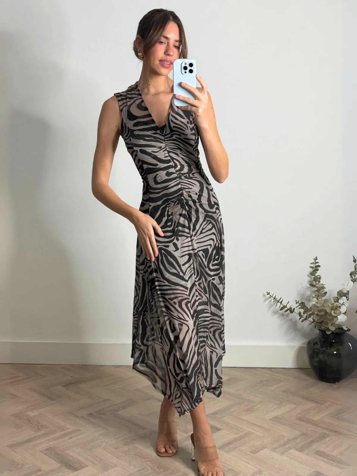 Urban Touch Senna V Neck Ruched Mesh Dress in Zebra