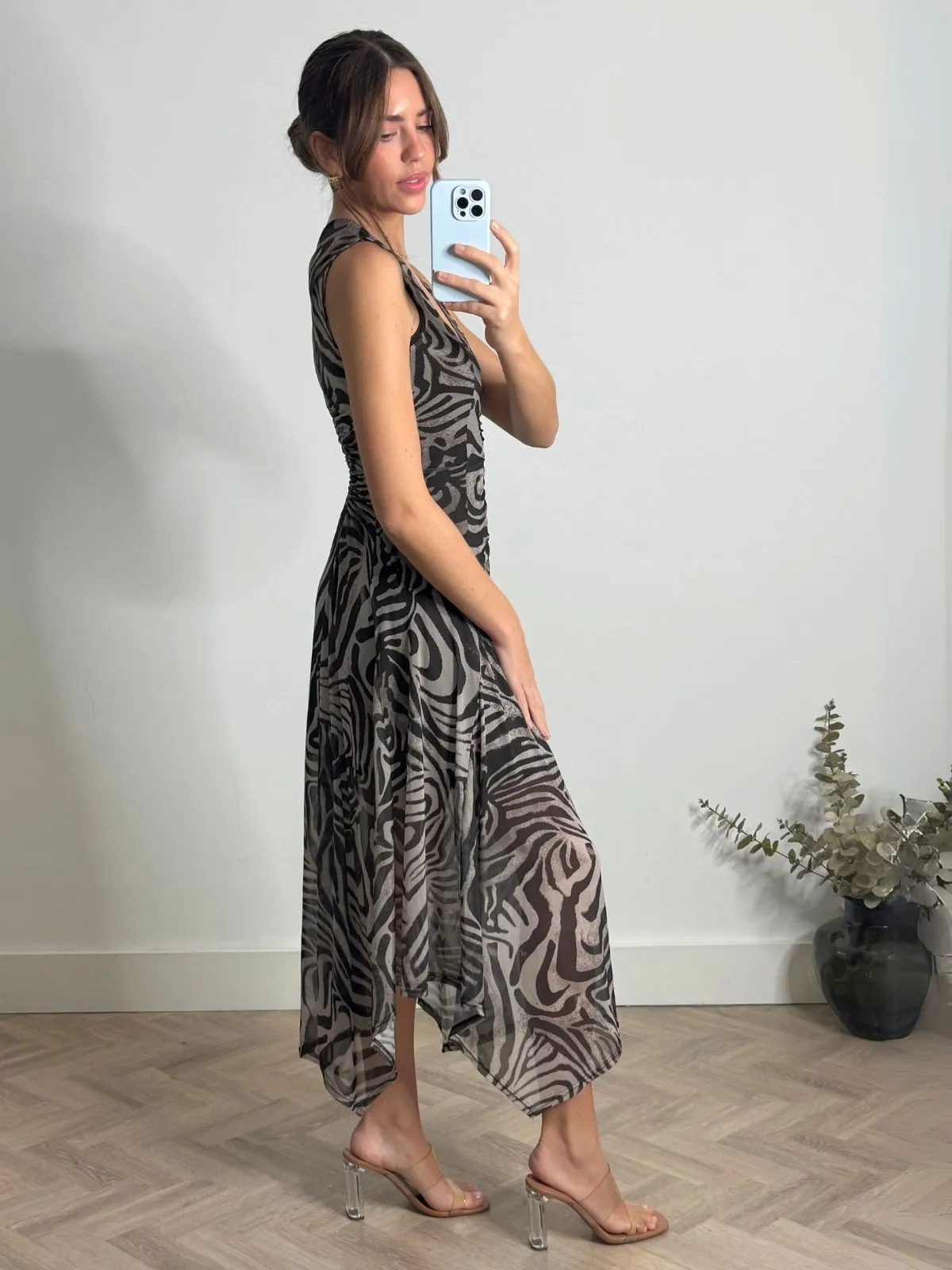 Easy Mood Senna V Neck Ruched Mesh Dress in Zebra