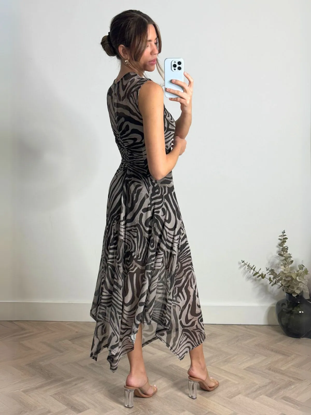 Senna V Neck Ruched Mesh Dress in Zebra Street Motion