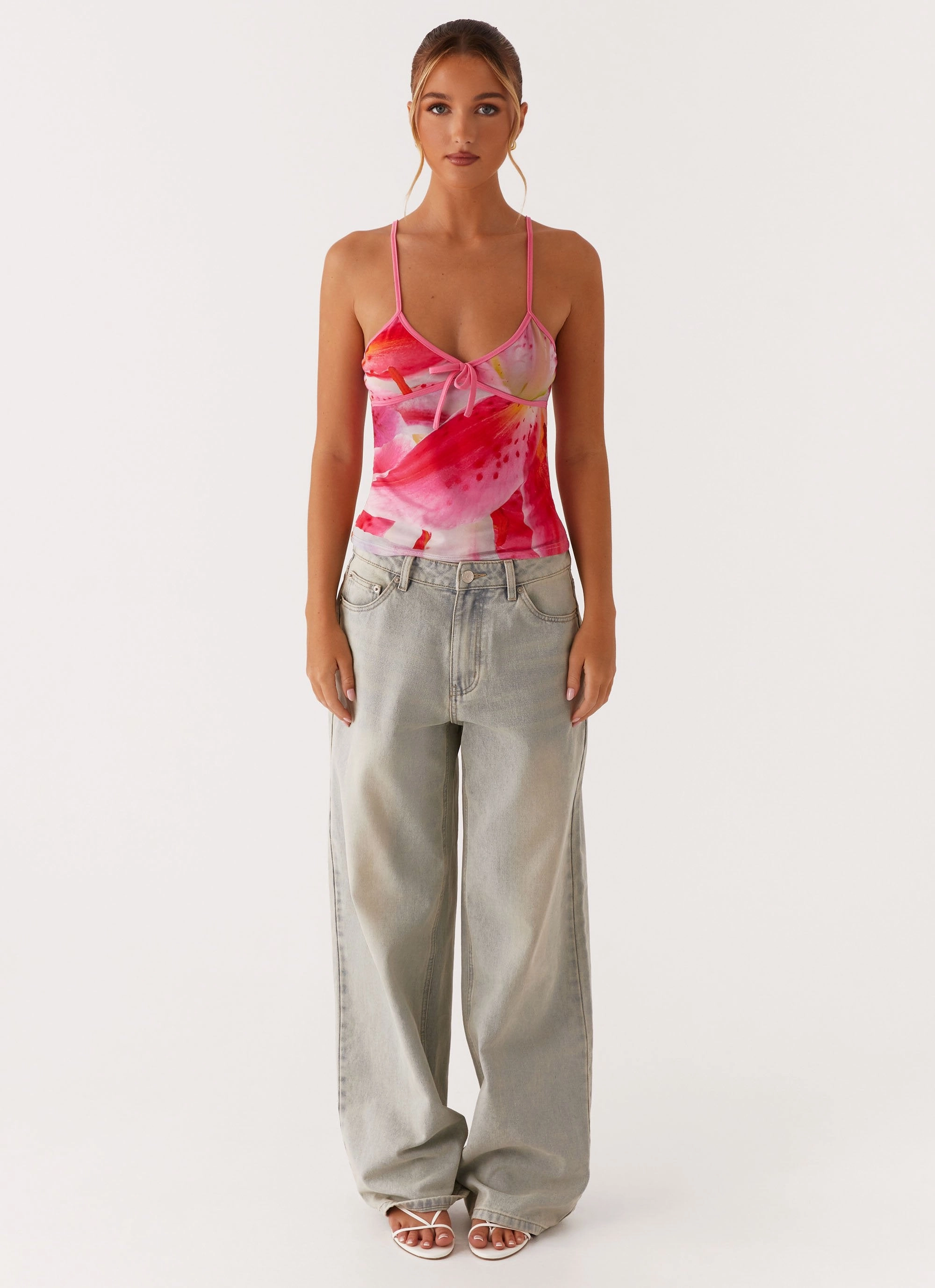 Claudie Mesh Top - White Pink Lilly Summer Blouse