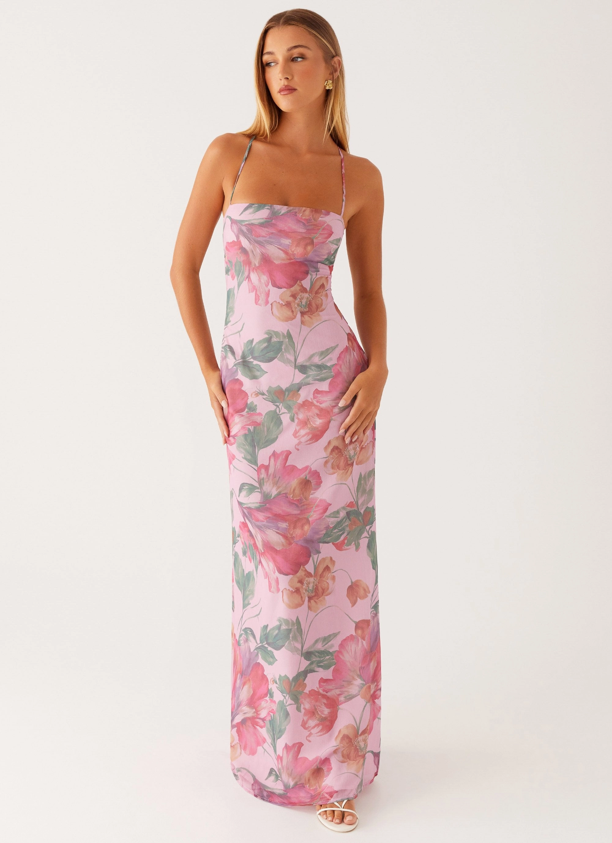 Climate-Adaptive Mesh-Sleeve Peggy Maxi Dress - Pink Floral