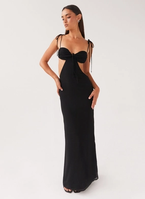 Tyra Ruched Maxi Dress - Black Villa Light Drawstring-Closure