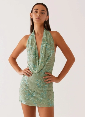 Olisa Cowl Neck Beaded Mini Dress - Mint CrinkleResistantWeave Bare Glow