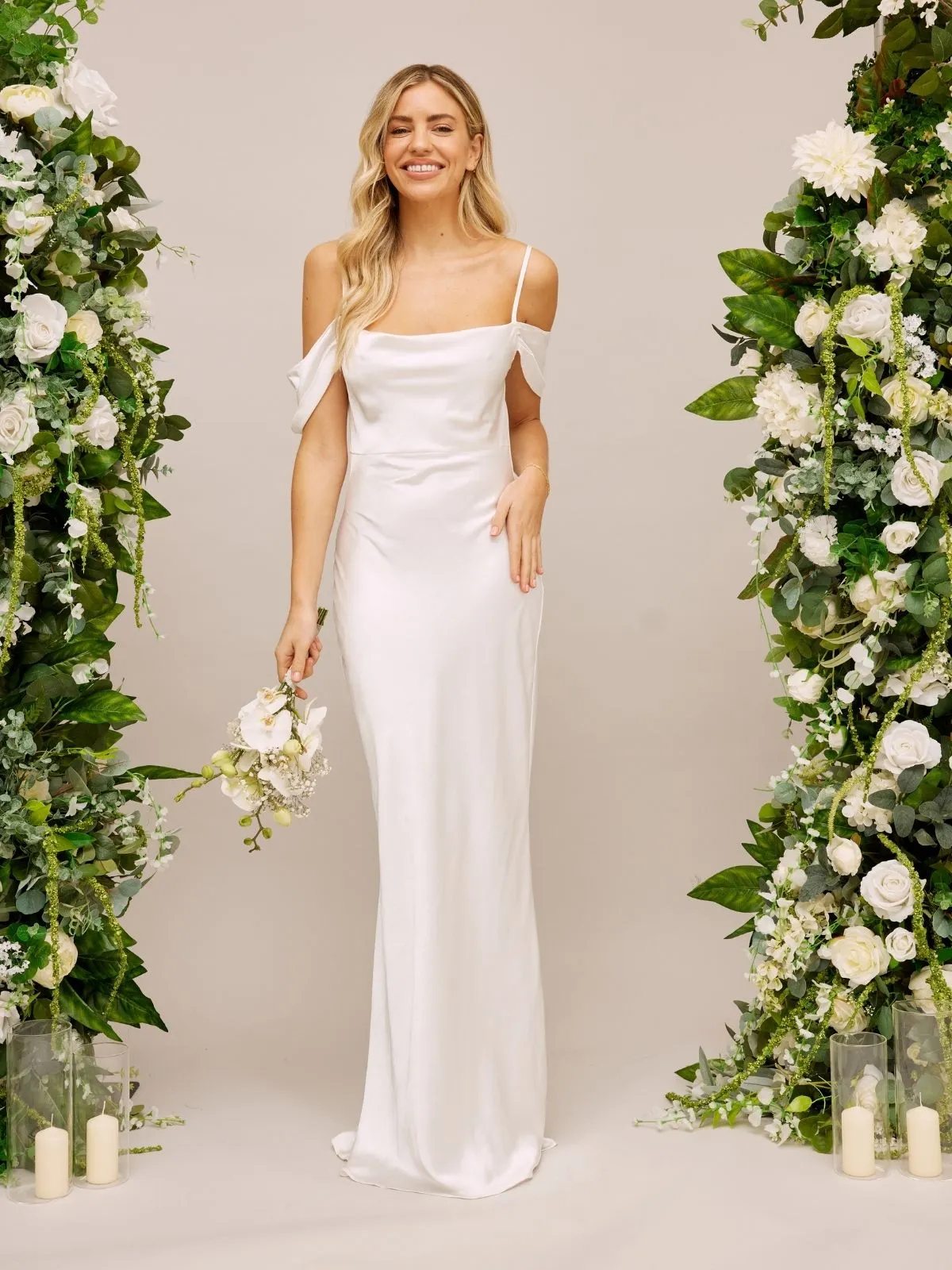 Summer Mood Natural Tones Cold Shoulder Satin Bridal Maxi Dress / White