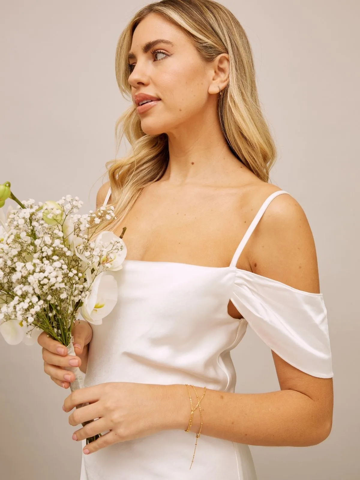 Timeless Energy Texture Style Cold Shoulder Satin Bridal Maxi Dress / White