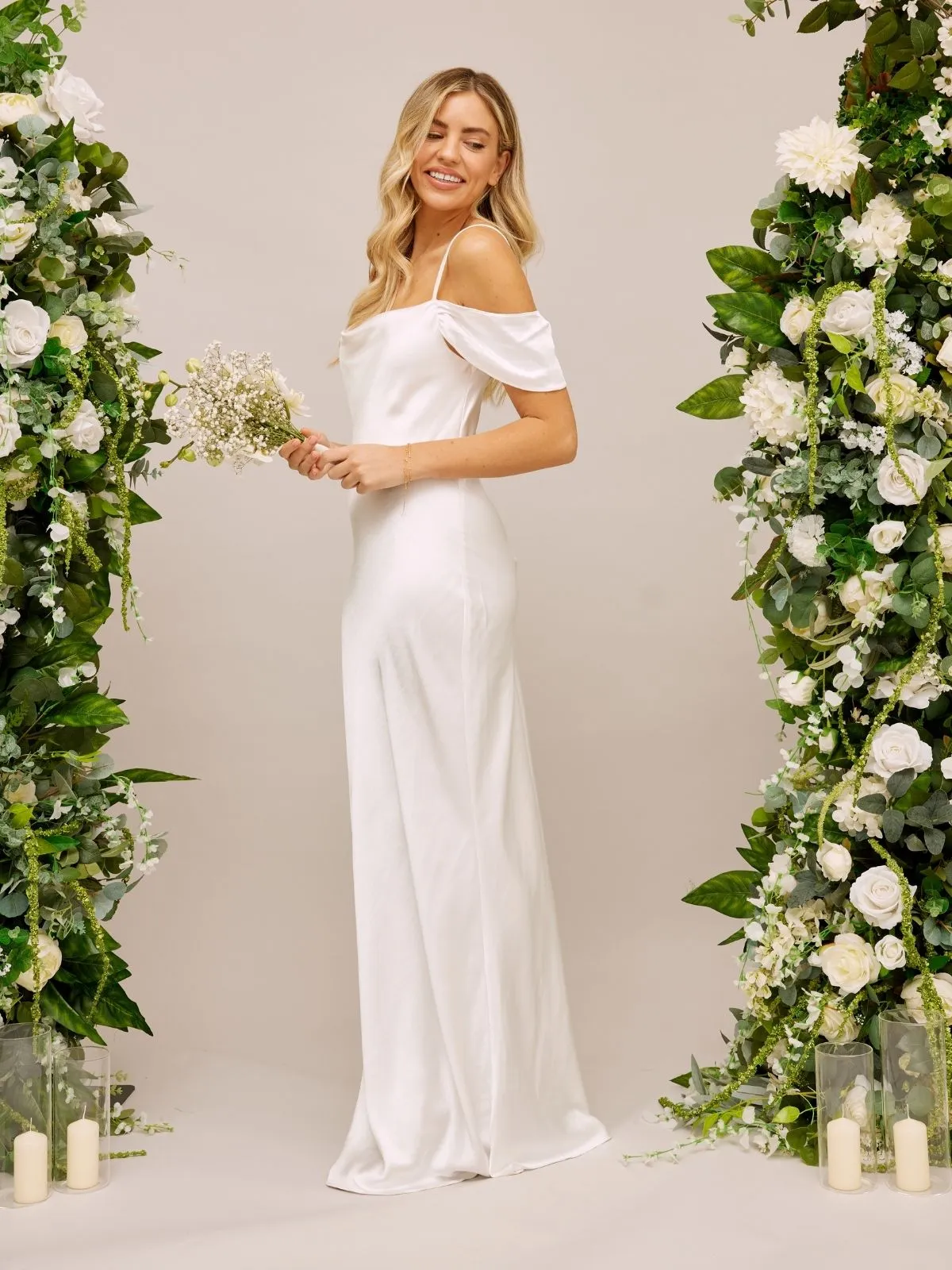 Polished Cut Cold Shoulder Satin Bridal Maxi Dress / White