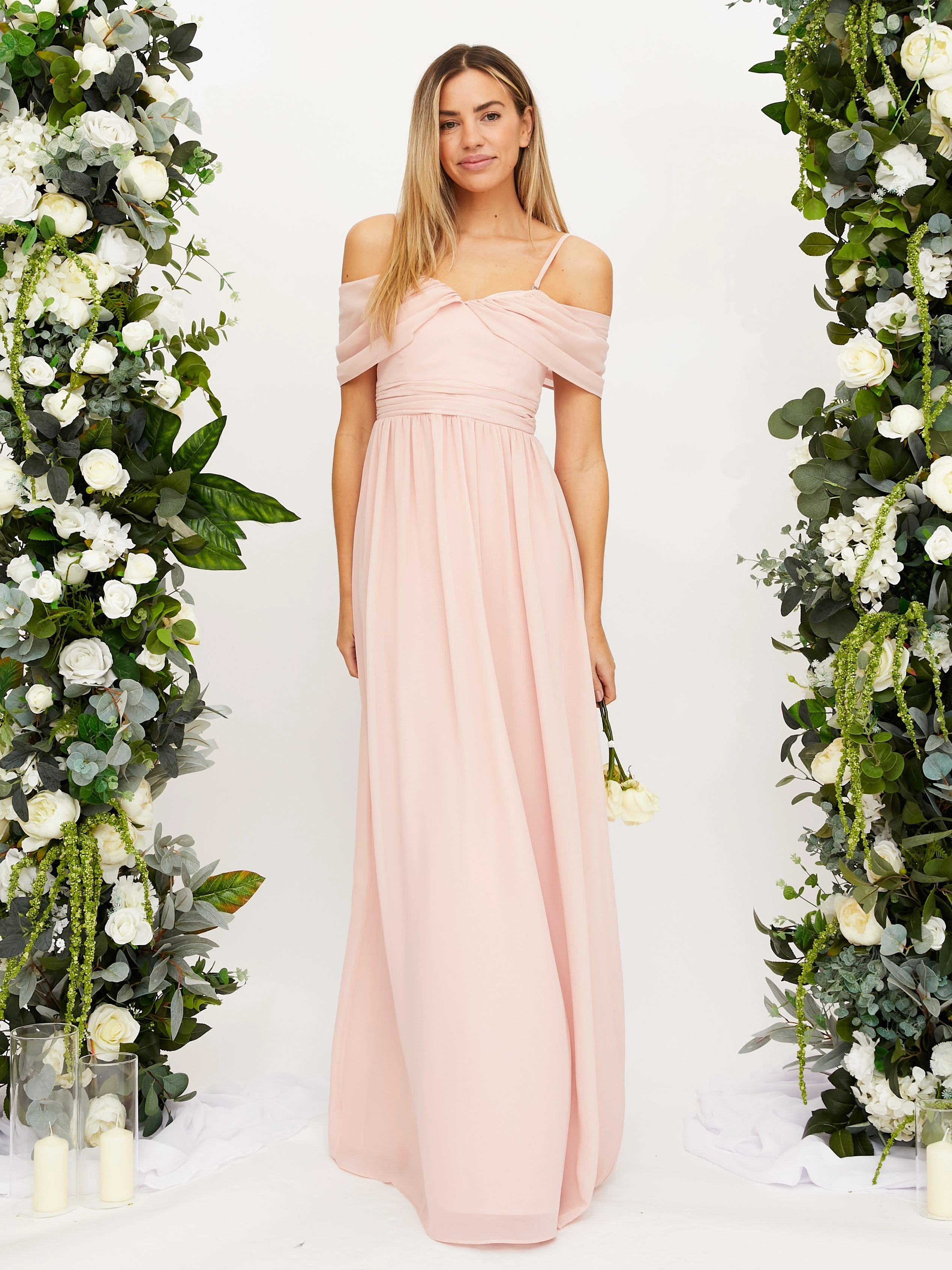 Timeless elegance Formal Aura Cold Shoulder Maxi Chiffon Dress / Blush