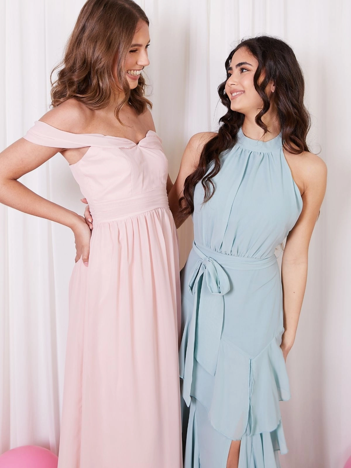 Wide Swing Lower Hem Cold Shoulder Maxi Chiffon Dress / Blush