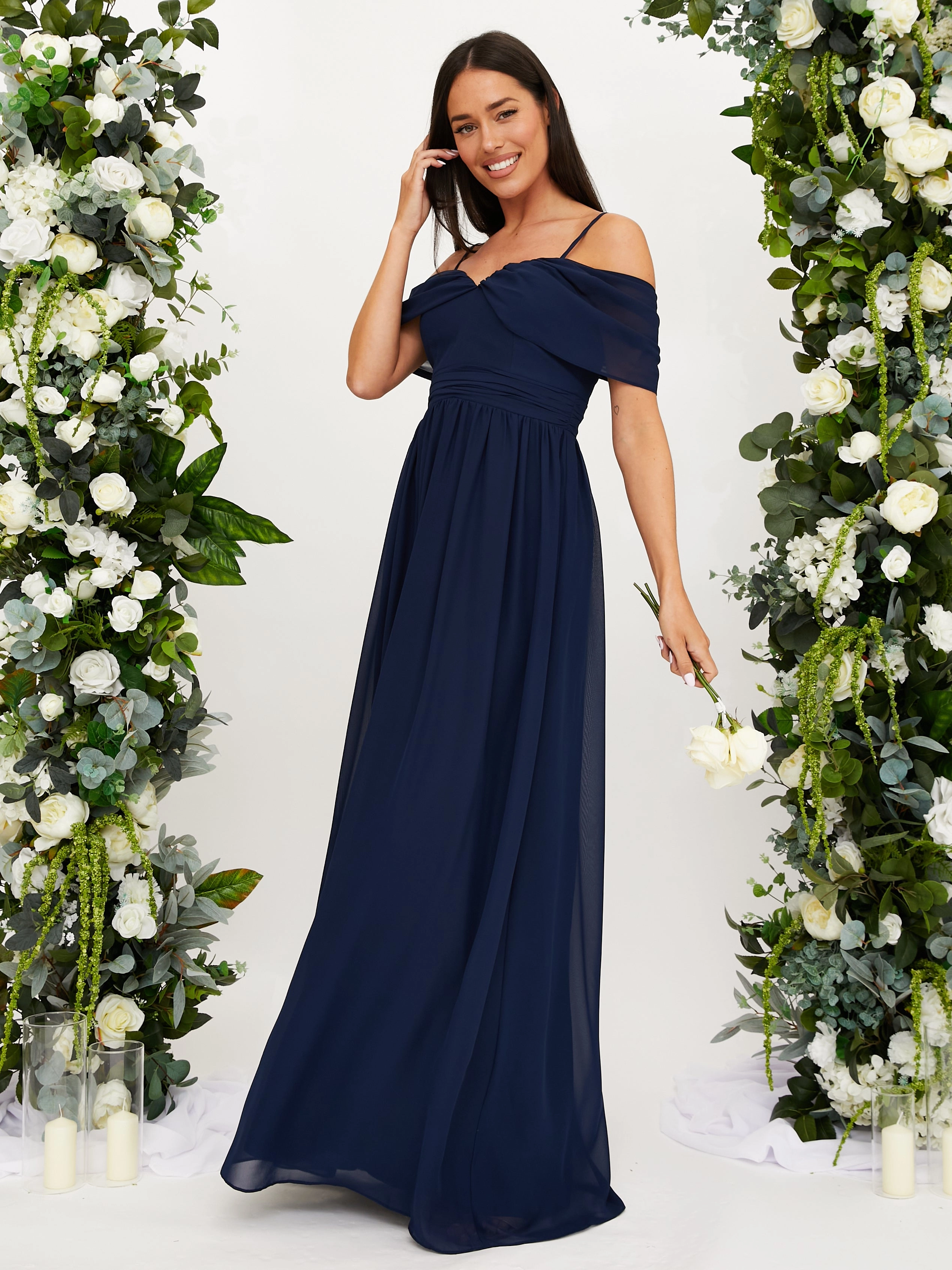 Quiet Glow Relax Appeal Cold Shoulder Maxi Chiffon Dress / Navy