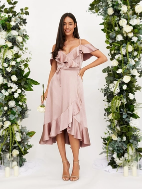 Cold Shoulder Midi Wrap Satin Dress / Blush Street Edge Seasonal Must-Have