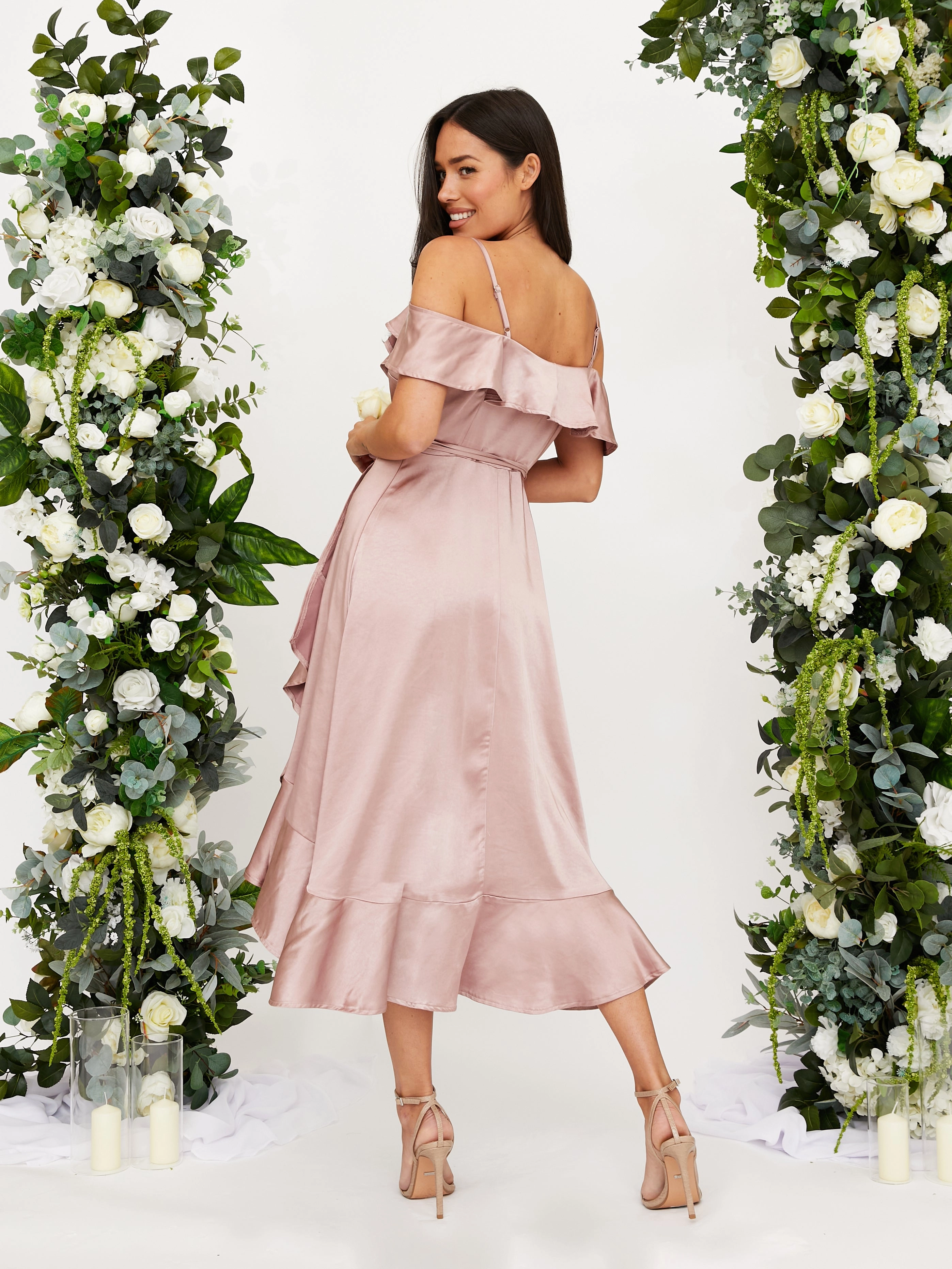Cold Shoulder Midi Wrap Satin Dress / Blush Puff-Sleeve Tailored Mood
