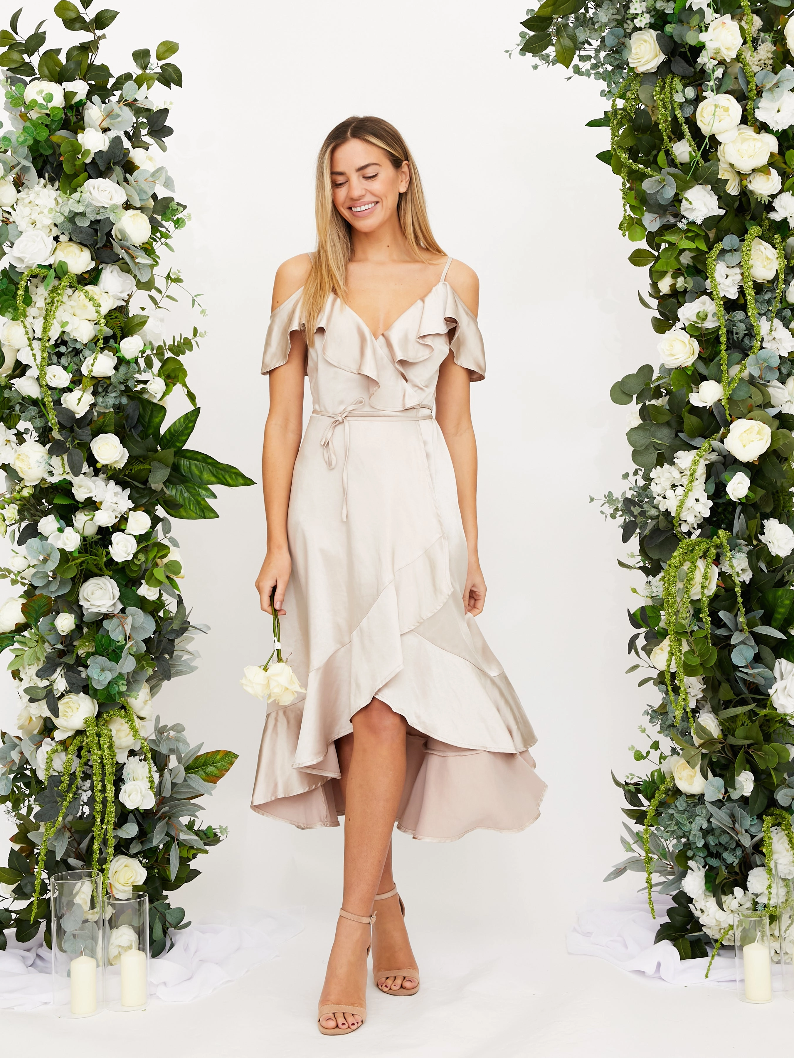 Cool Texture Cold Shoulder Midi Wrap Satin Dress / Champagne